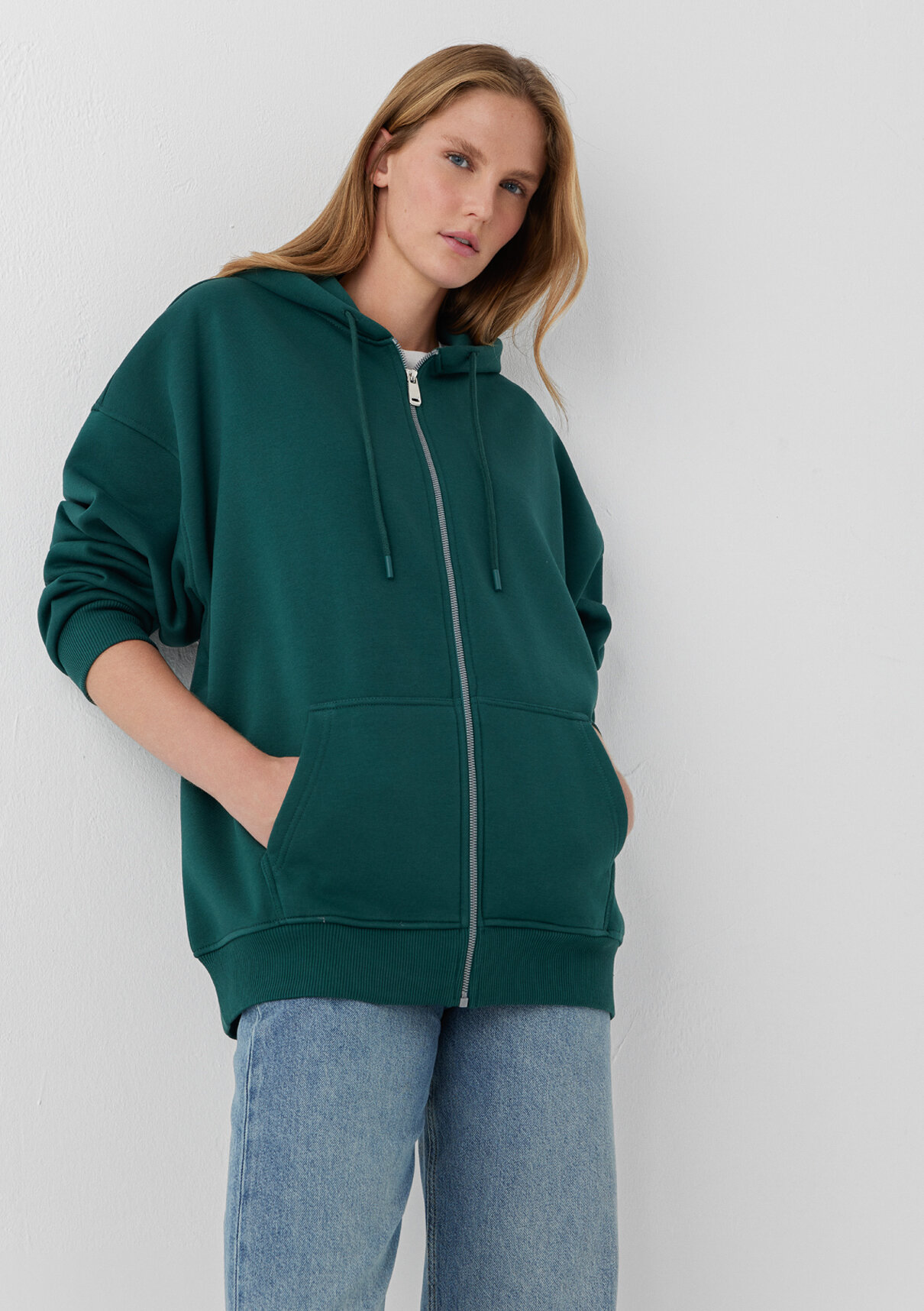Mavi Kapüşonlu Fermuarlı Yeşil Sweatshirt görsel 2