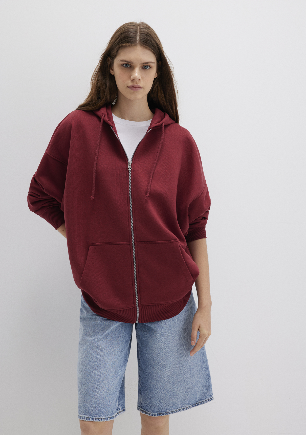 Mavi Kapüşonlu Fermuarlı Bordo Sweatshirt