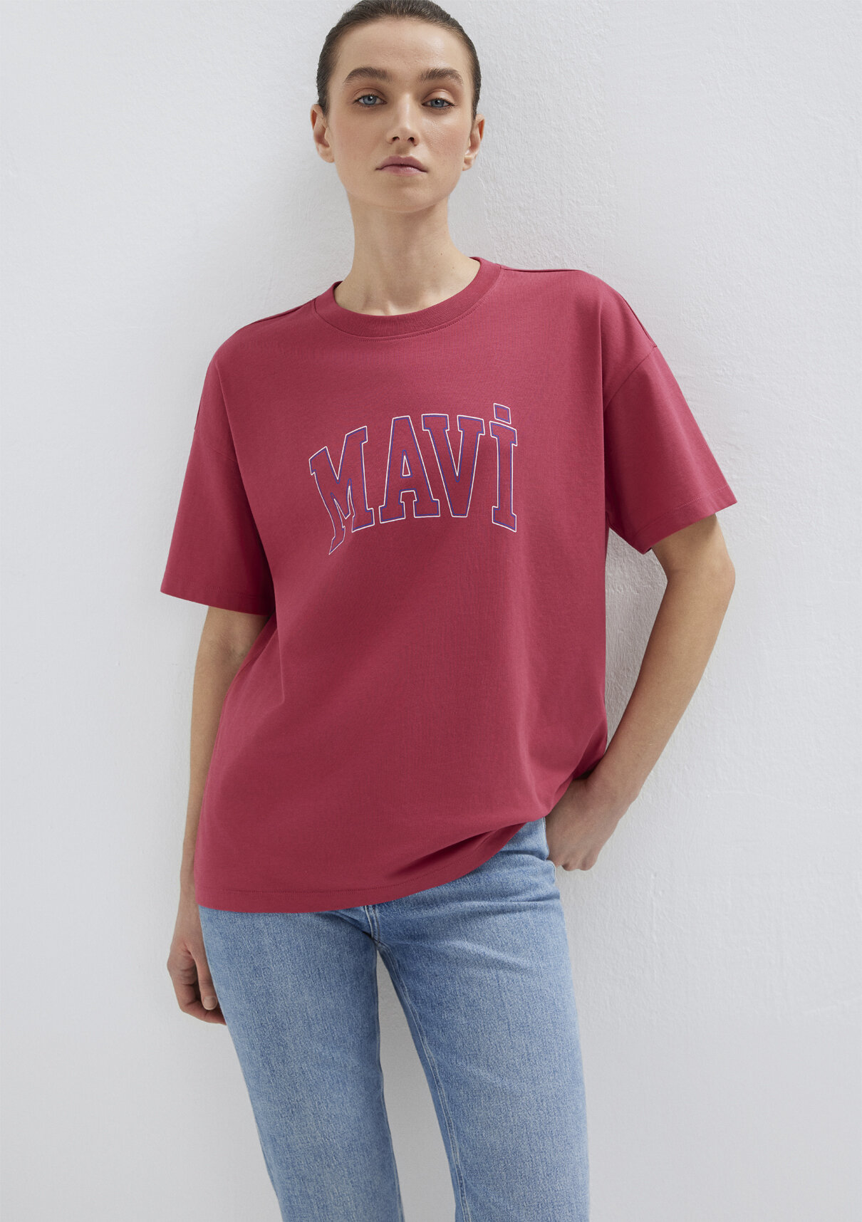 Mavi Logo Baskılı Pembe Tişört