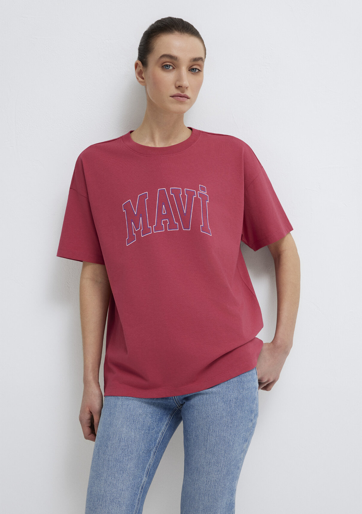 Mavi Logo Baskılı Pembe Tişört görsel 2