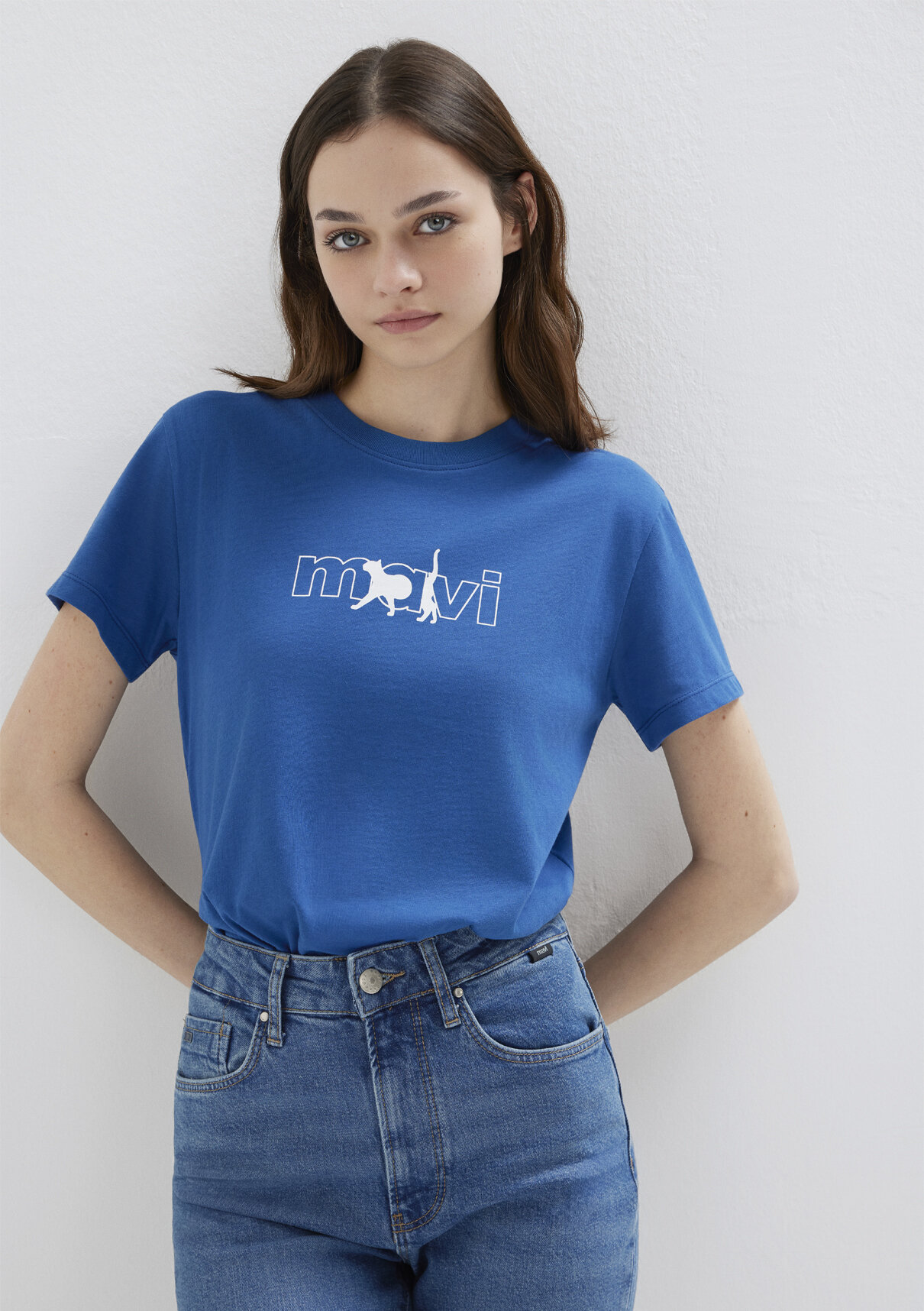 Mavi Kedi Logo Baskılı Mavi Tişört