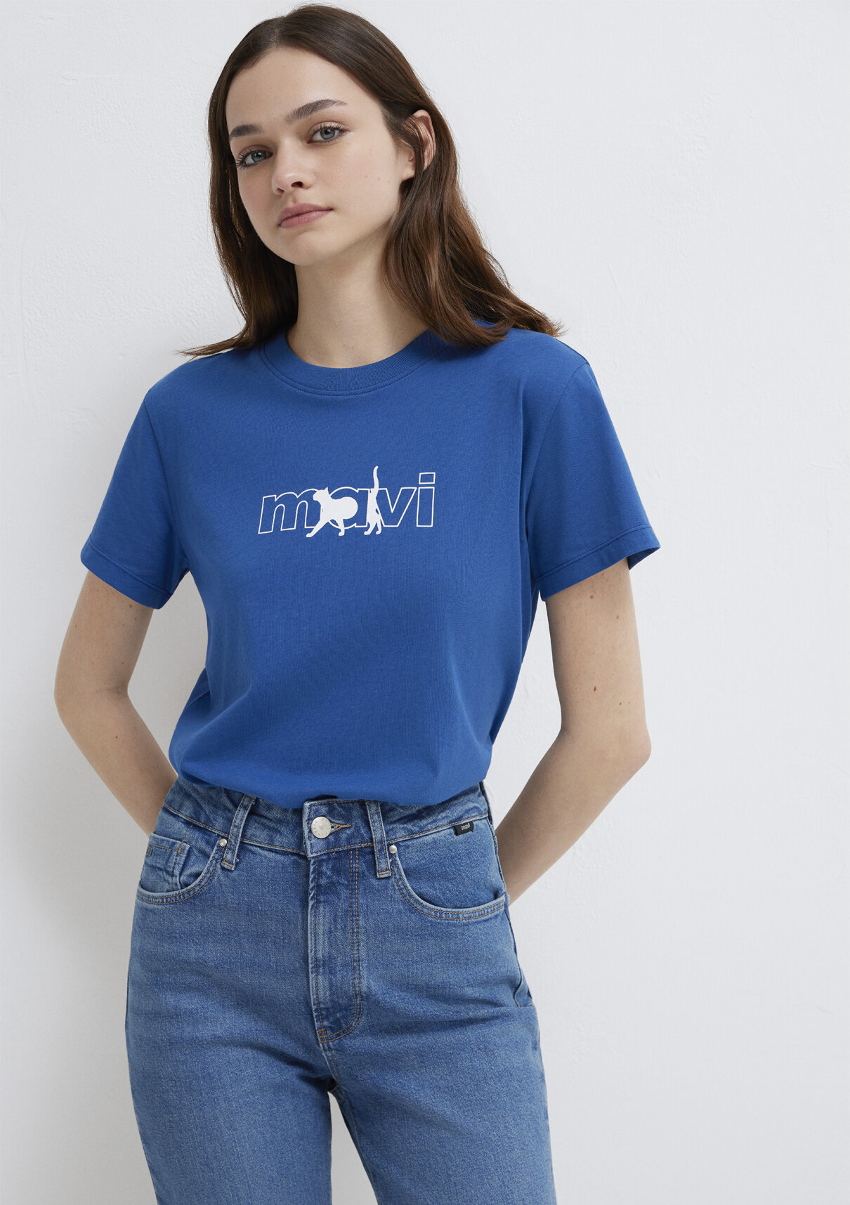 Mavi Kedi Logo Baskılı Mavi Tişört görsel 2