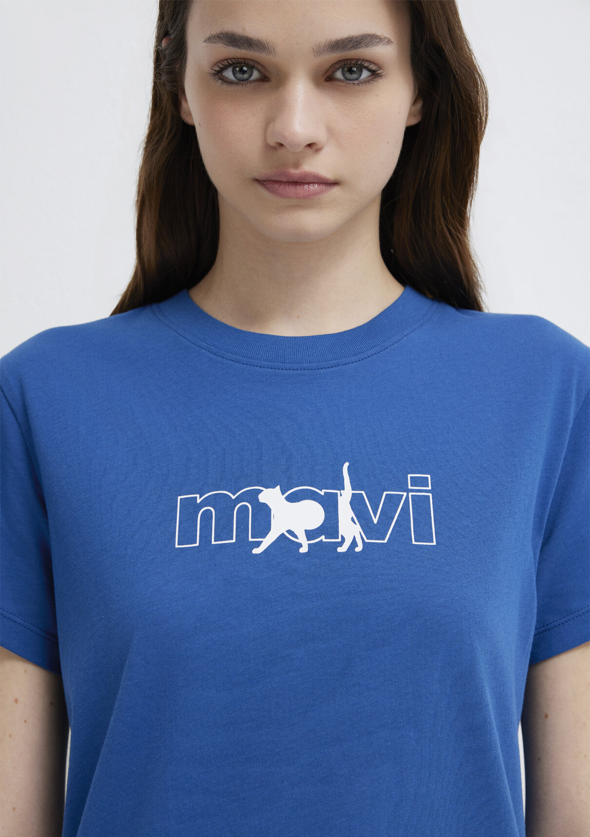 Mavi Kedi Logo Baskılı Mavi Tişört görsel 6