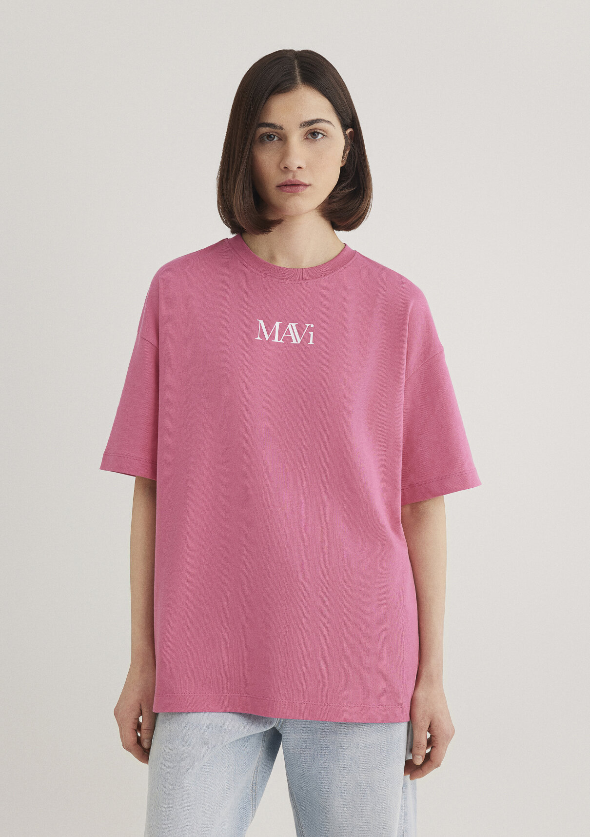 Mavi Logo Baskılı Pembe Tişört görsel 3