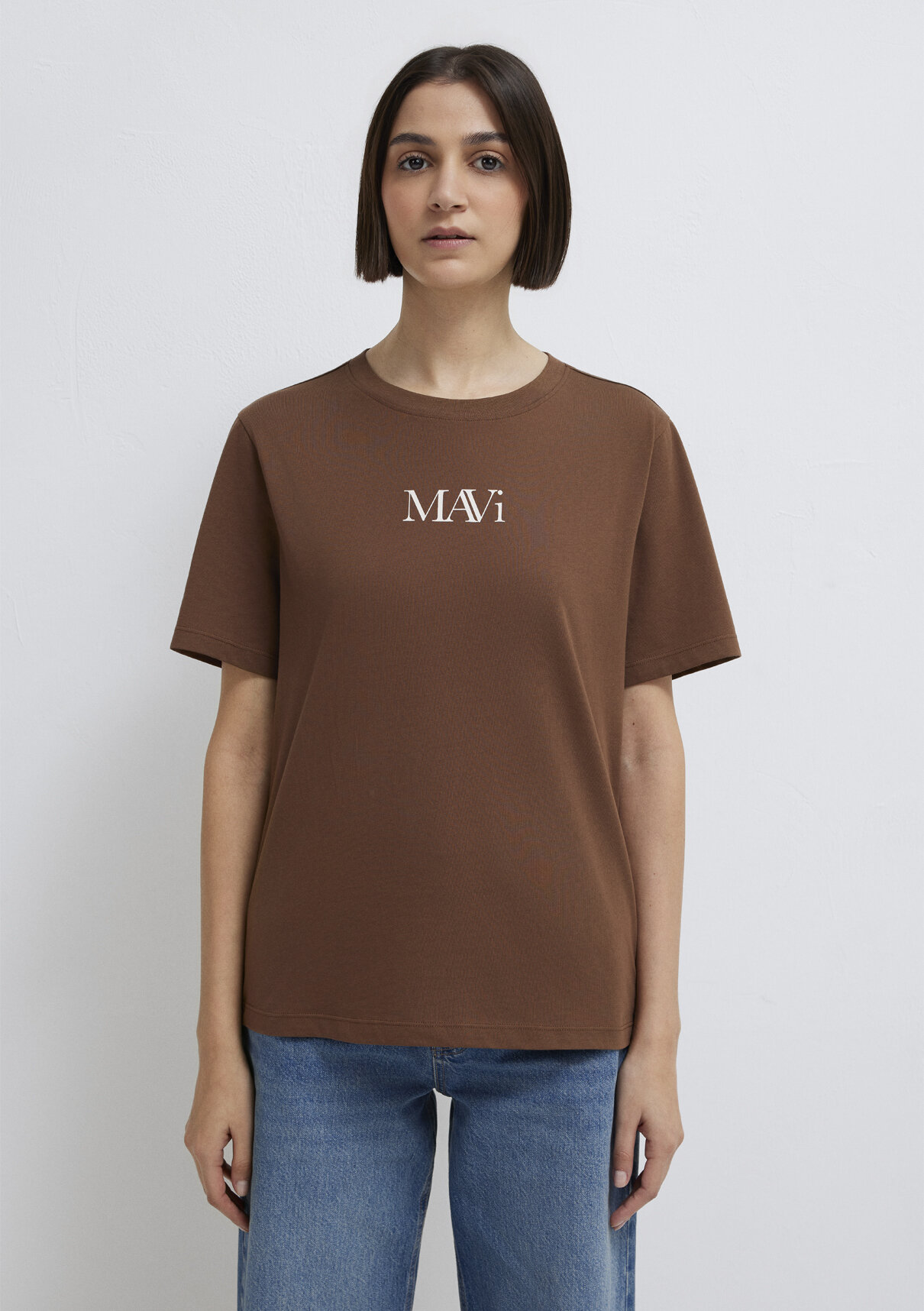 Mavi Logo Baskılı Kahverengi Tişört görsel 3
