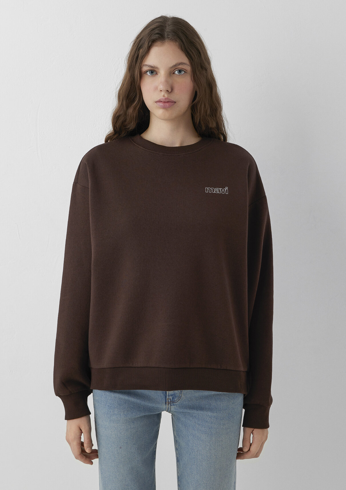 Mavi Logo Baskılı Kahverengi Sweatshirt görsel 3