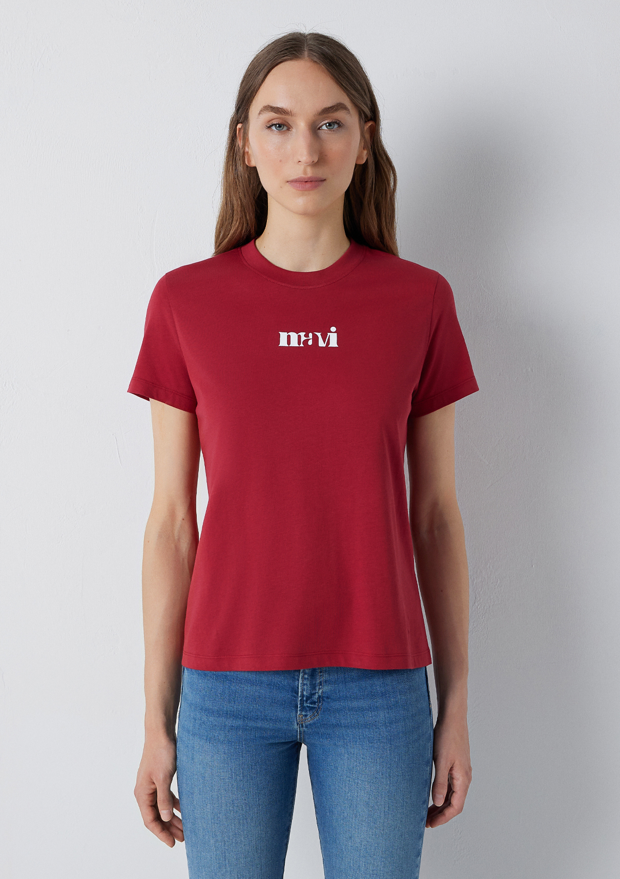 Mavi Logo Baskılı Kırmızı Tişört görsel 2
