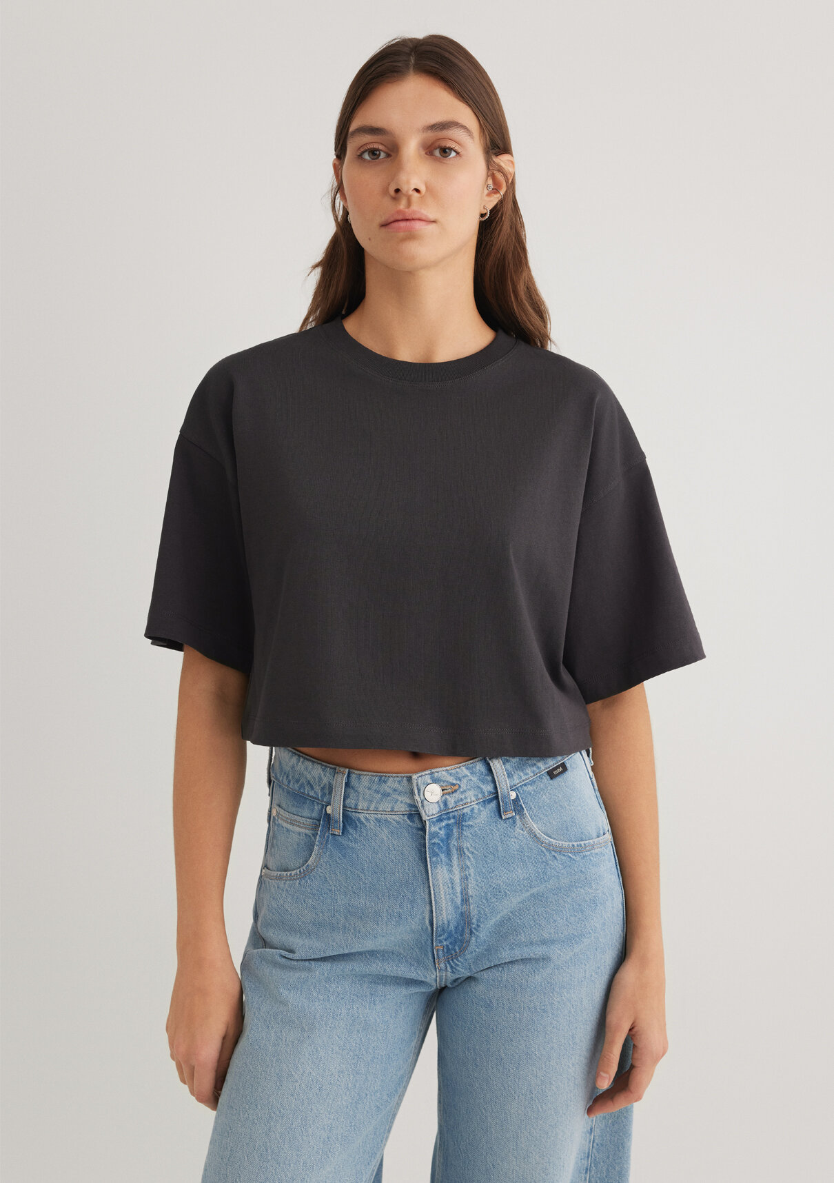 Mavi Antrasit Crop Basic Tişört görsel 3
