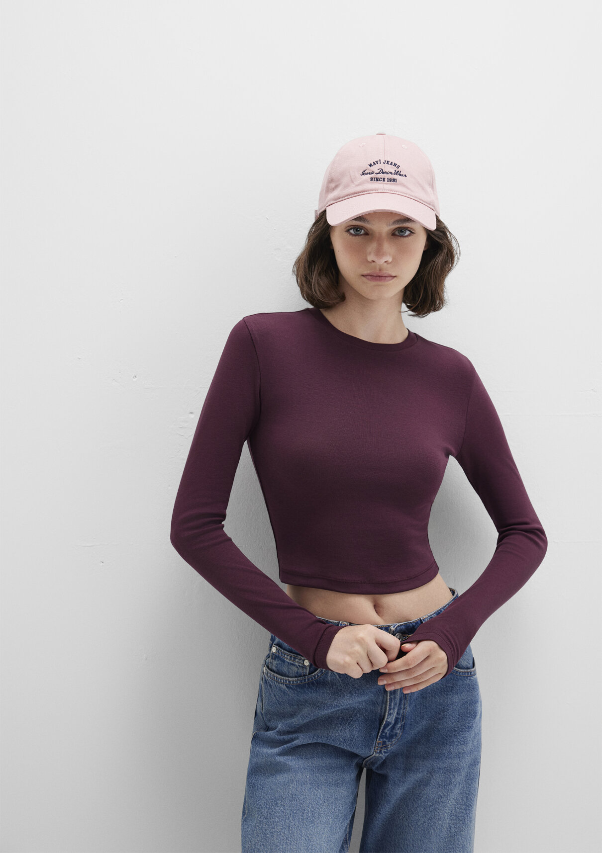 Mavi Uzun Kollu Mor Crop Basic Tişört