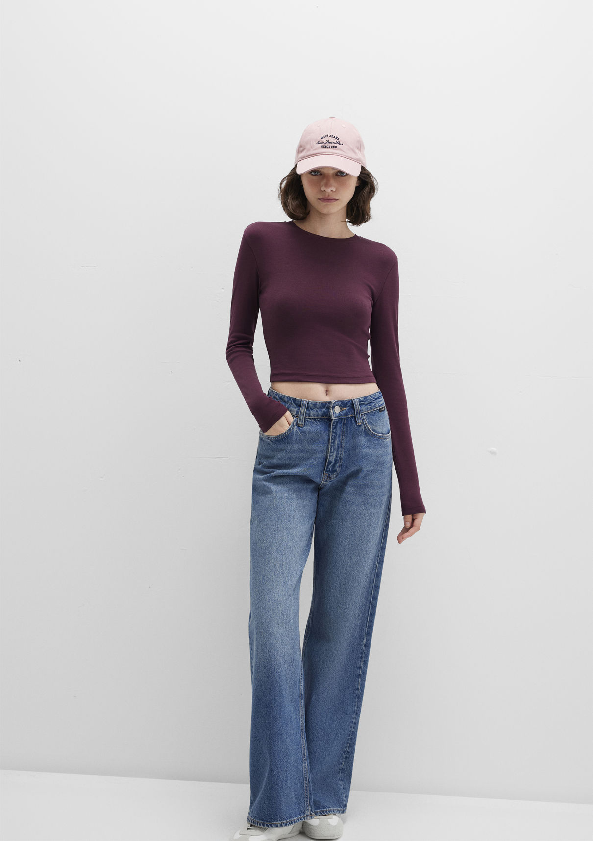 Mavi Uzun Kollu Mor Crop Basic Tişört görsel 2