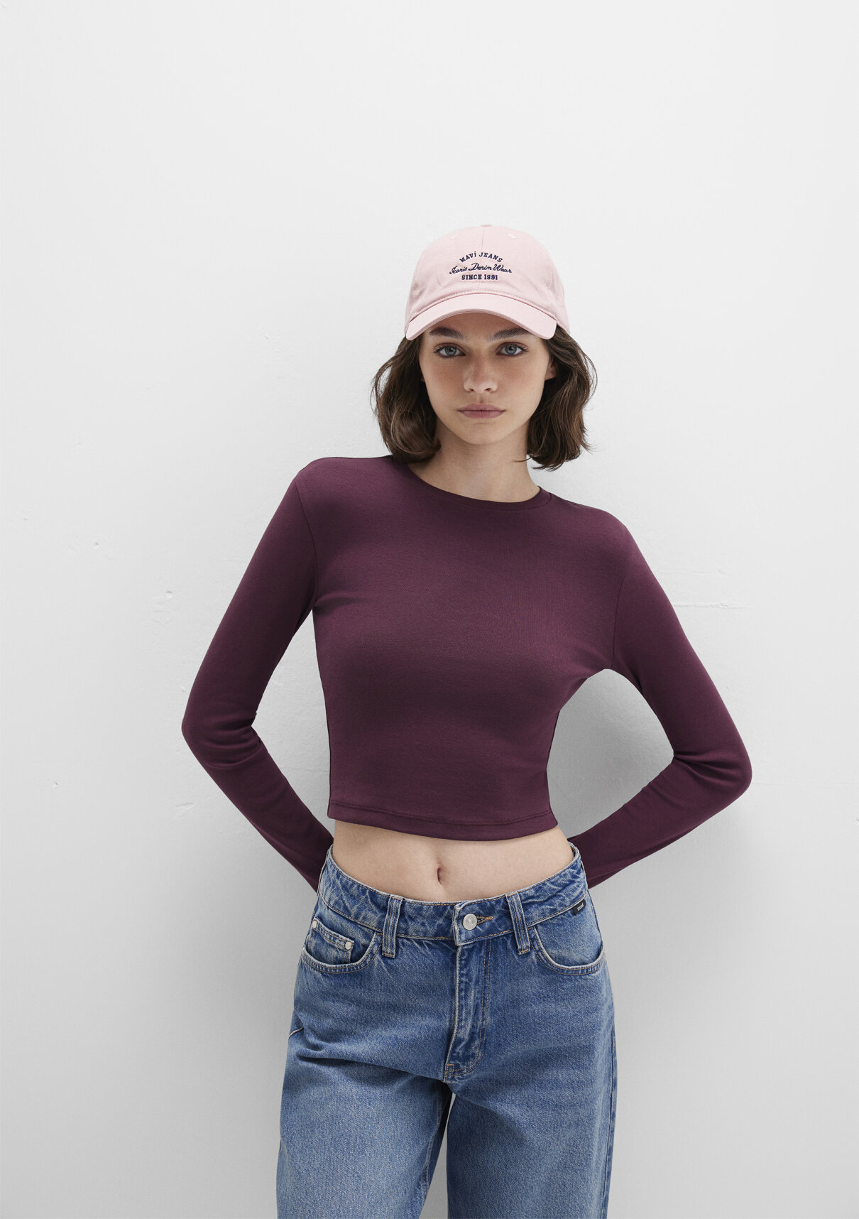 Mavi Uzun Kollu Mor Crop Basic Tişört görsel 3