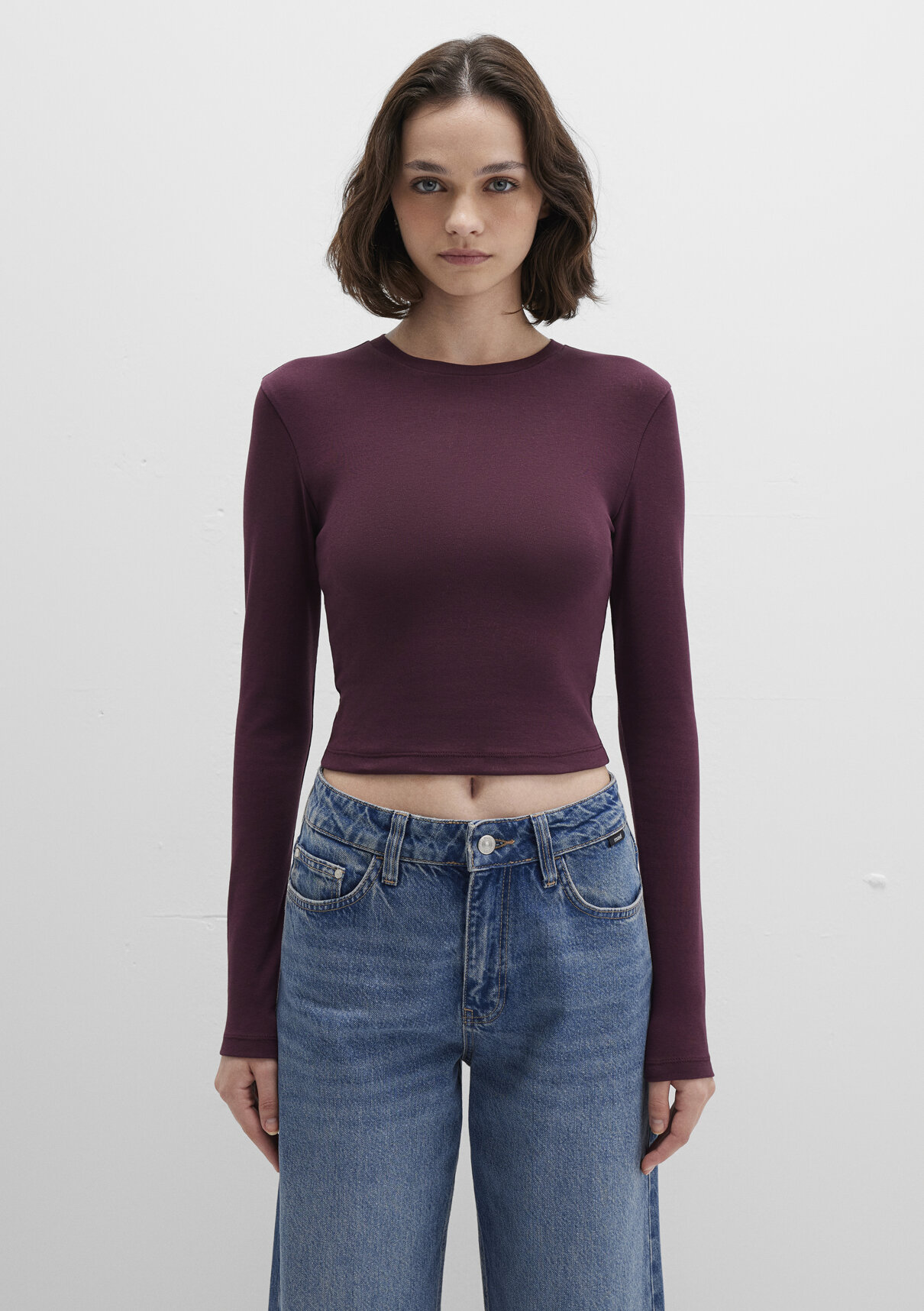 Mavi Uzun Kollu Mor Crop Basic Tişört görsel 4