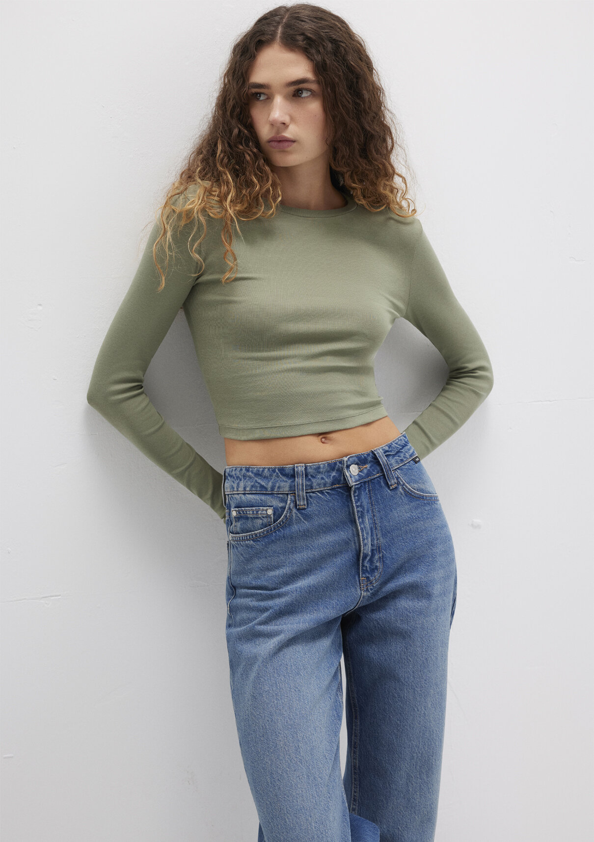 Mavi Uzun Kollu Haki Crop Basic Tişört