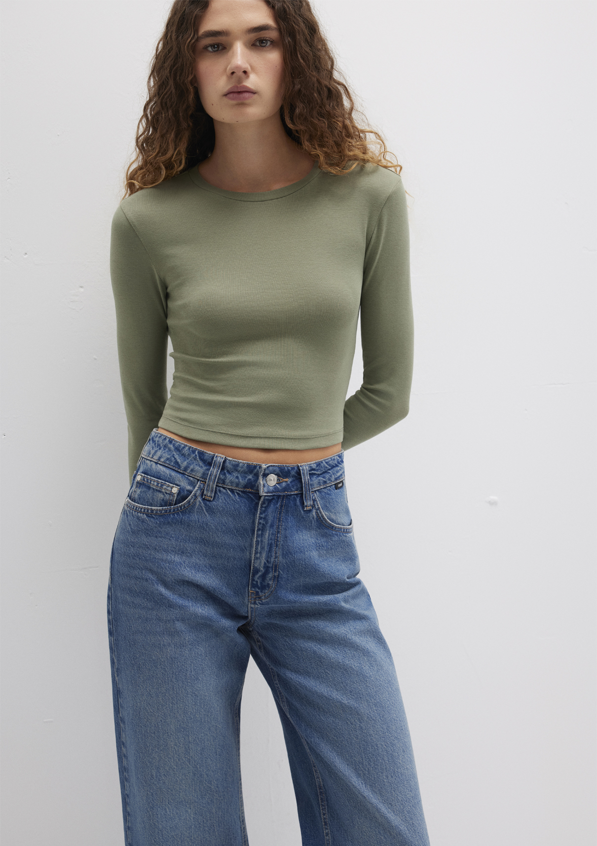 Mavi Uzun Kollu Haki Crop Basic Tişört görsel 3
