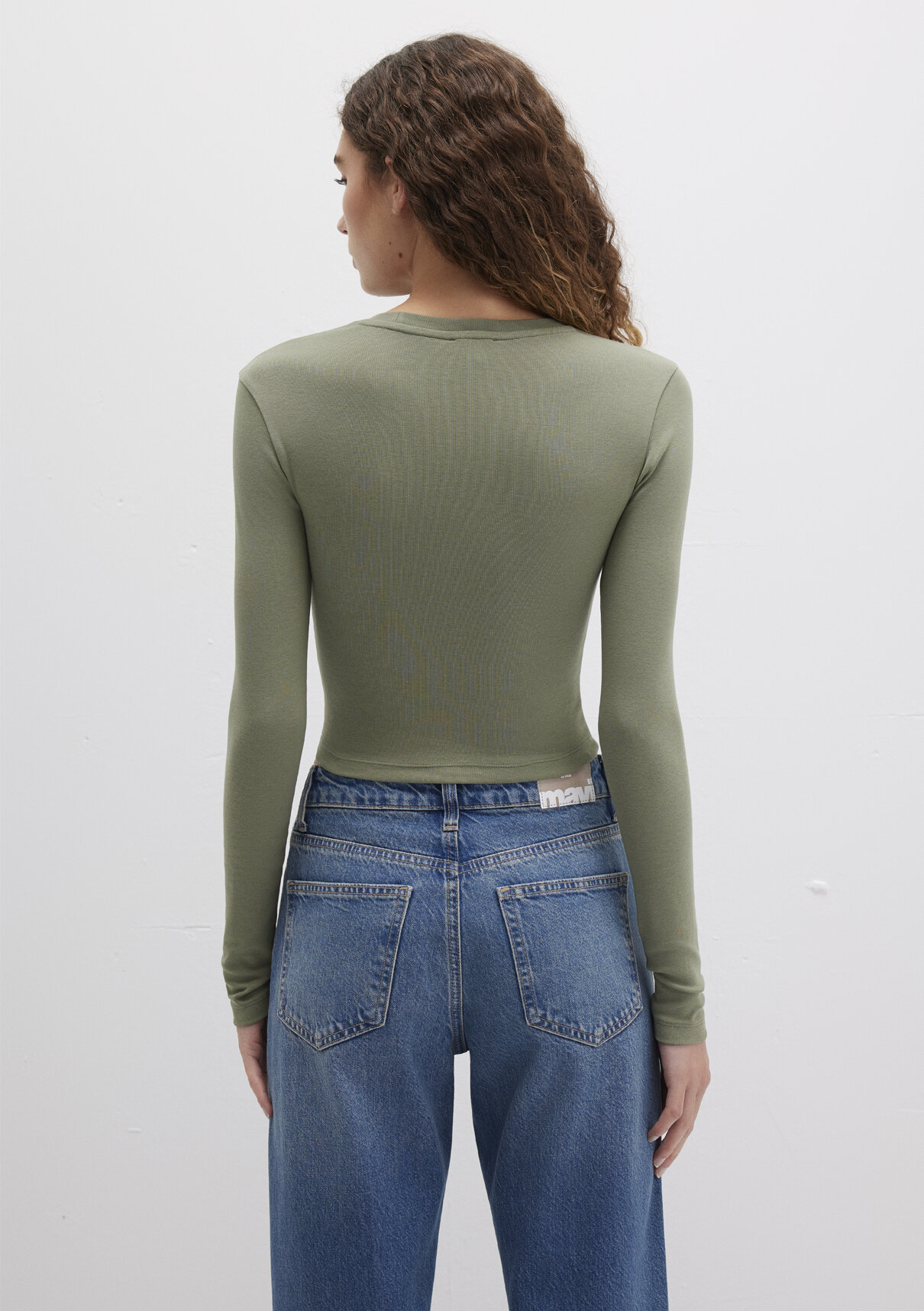 Mavi Uzun Kollu Haki Crop Basic Tişört görsel 5