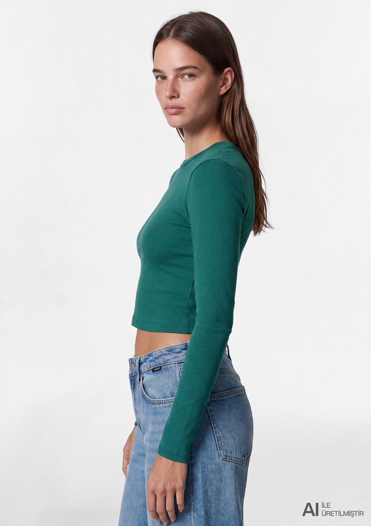 Mavi Uzun Kollu Yeşil Crop Basic Tişört görsel 2