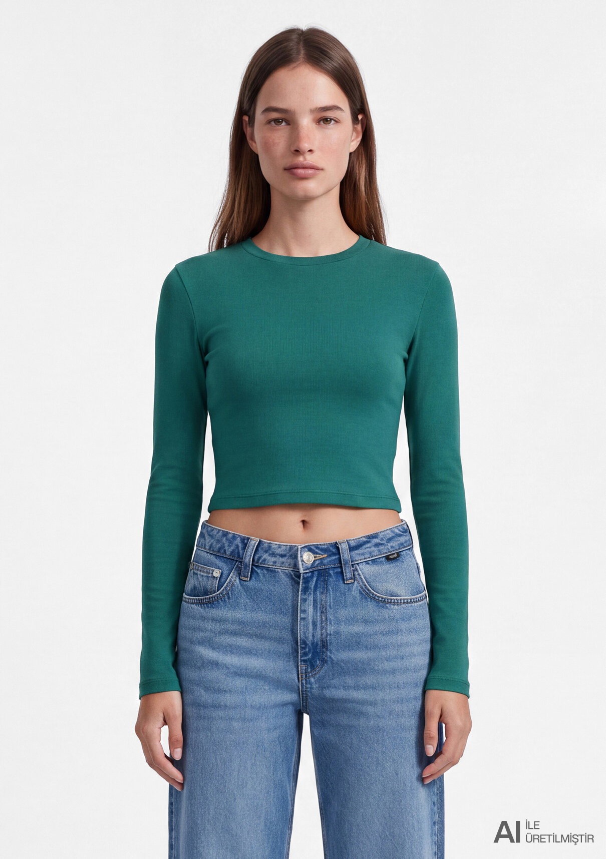 Mavi Uzun Kollu Yeşil Crop Basic Tişört görsel 3
