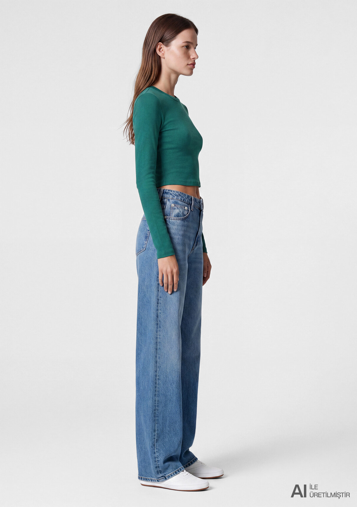 Mavi Uzun Kollu Yeşil Crop Basic Tişört görsel 4