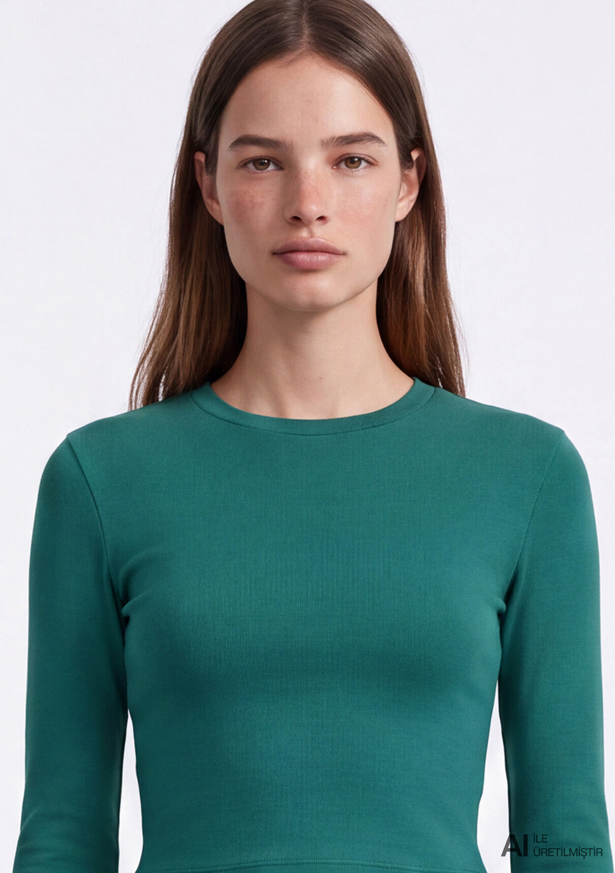 Mavi Uzun Kollu Yeşil Crop Basic Tişört görsel 8