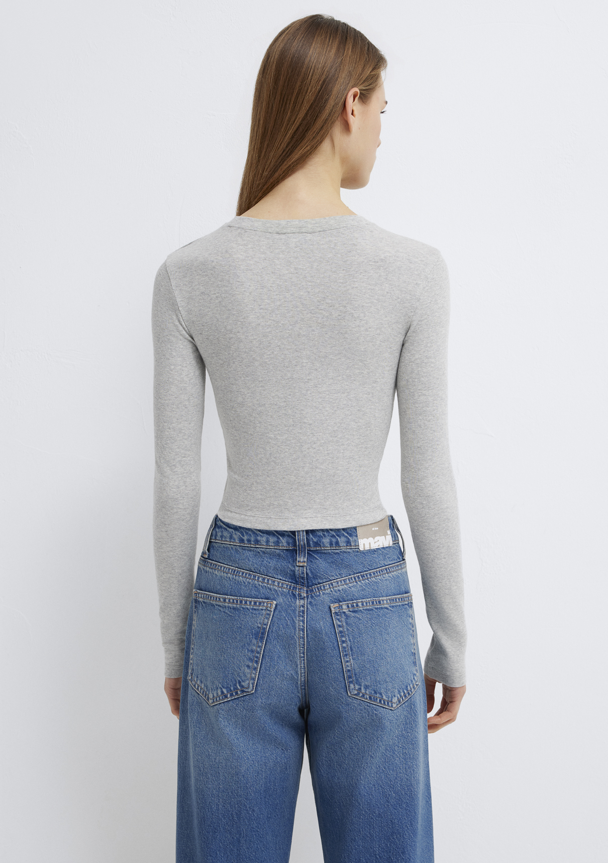 Mavi Uzun Kollu Gri Crop Basic Tişört görsel 6