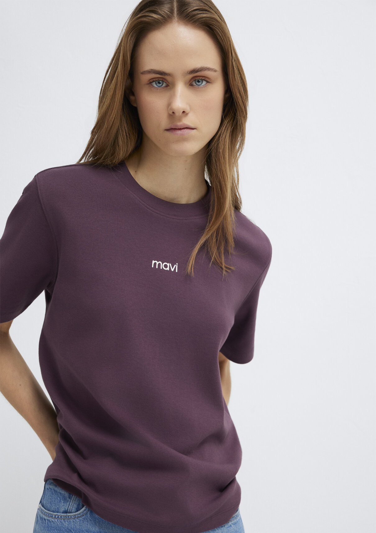 Mavi Logo Baskılı İnterlok Mor Tişört