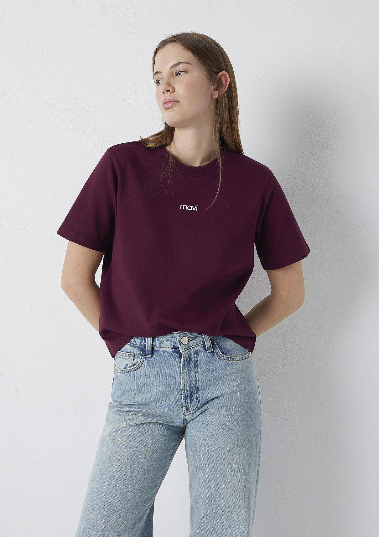 Mavi Logo Baskılı İnterlok Bordo Tişört