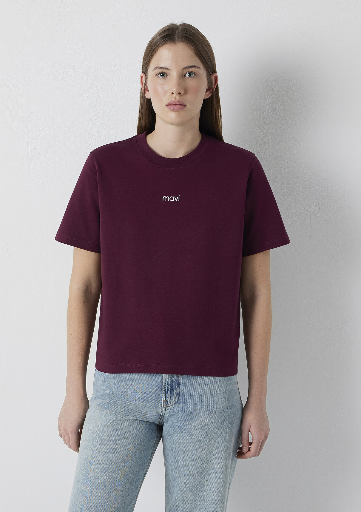 Mavi Logo Baskılı İnterlok Bordo Tişört görsel 3