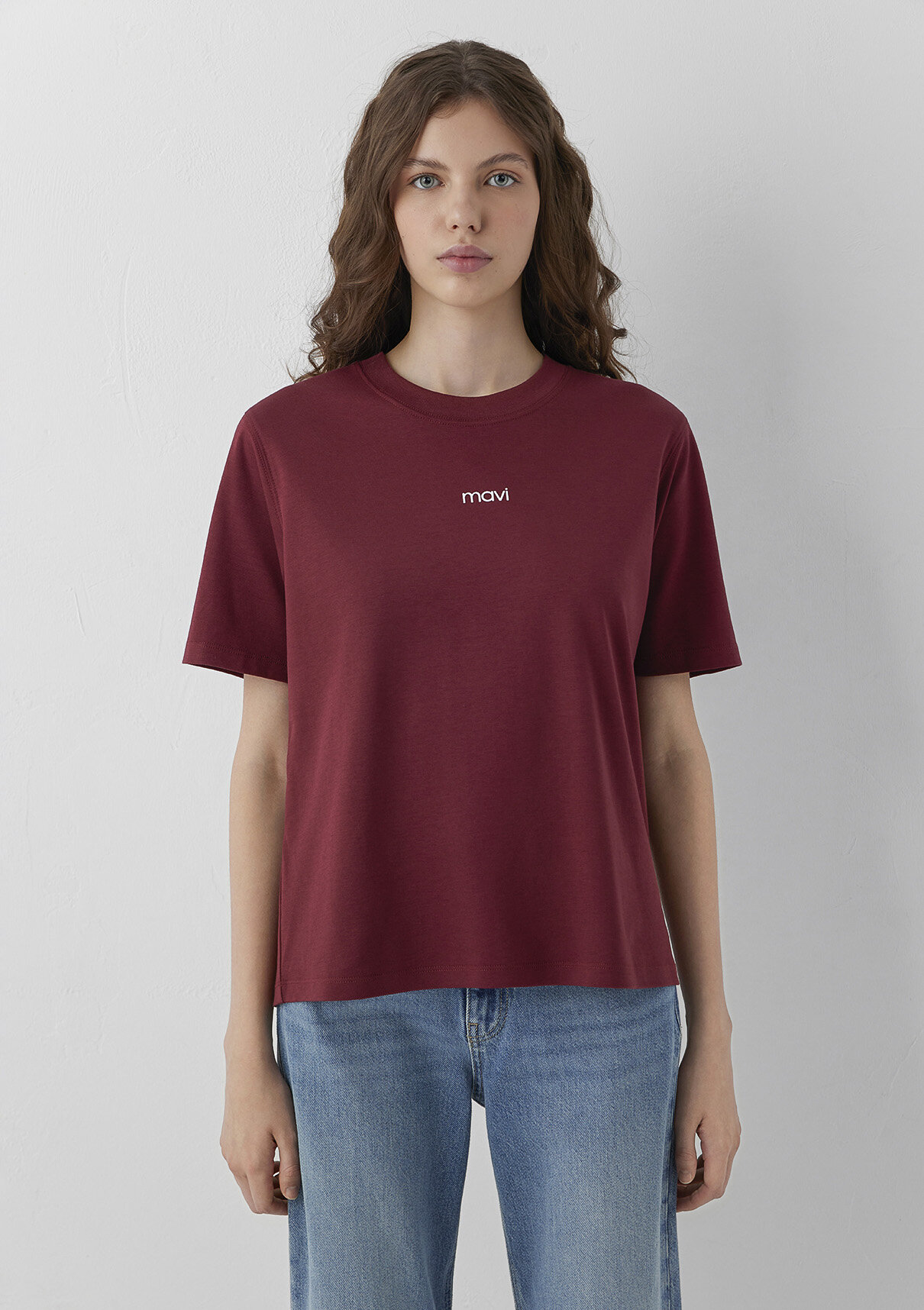 Mavi Logo Baskılı İnterlok Bordo Tişört görsel 3