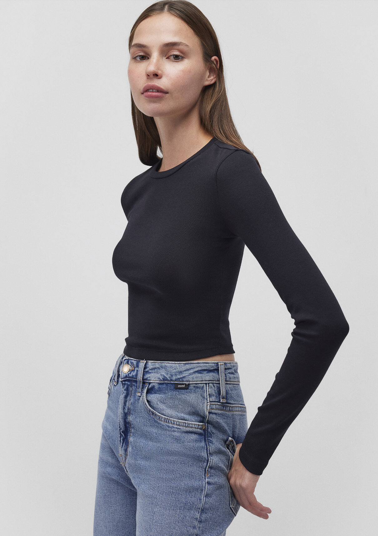 Mavi 2li Uzun Kollu Crop Basic Tişört görsel 2