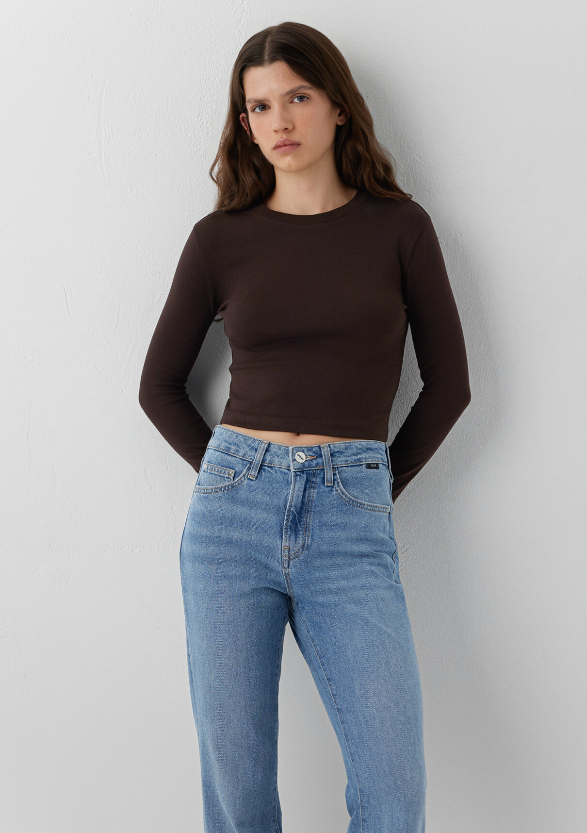 Mavi 2li Uzun Kollu Crop Basic Tişört görsel 2