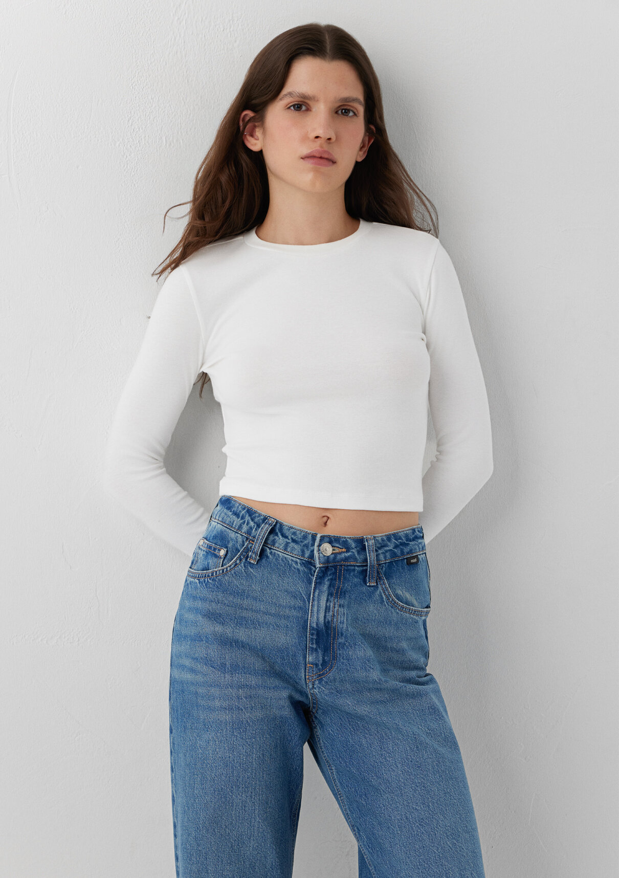 Mavi 2li Uzun Kollu Crop Basic Tişört görsel 3