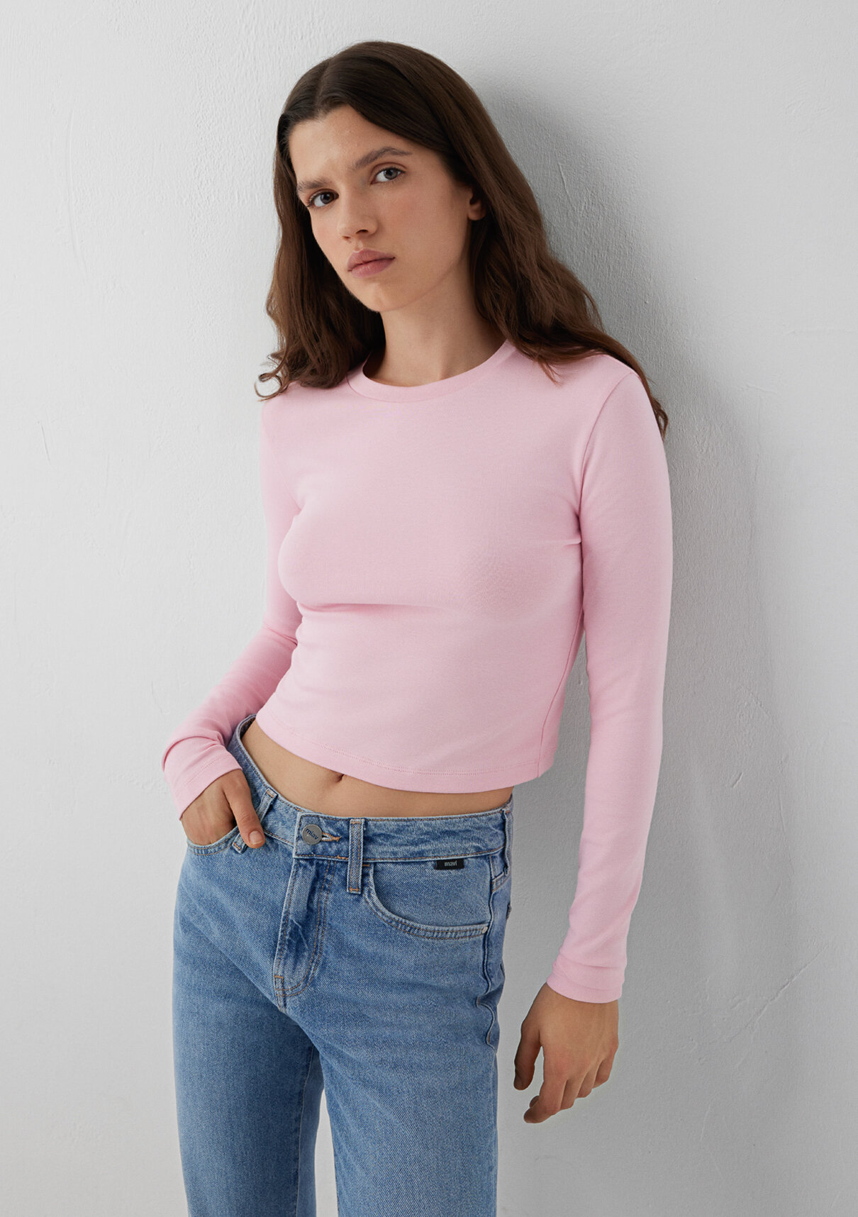 Mavi 2li Uzun Kollu Crop Basic Tişört görsel 3