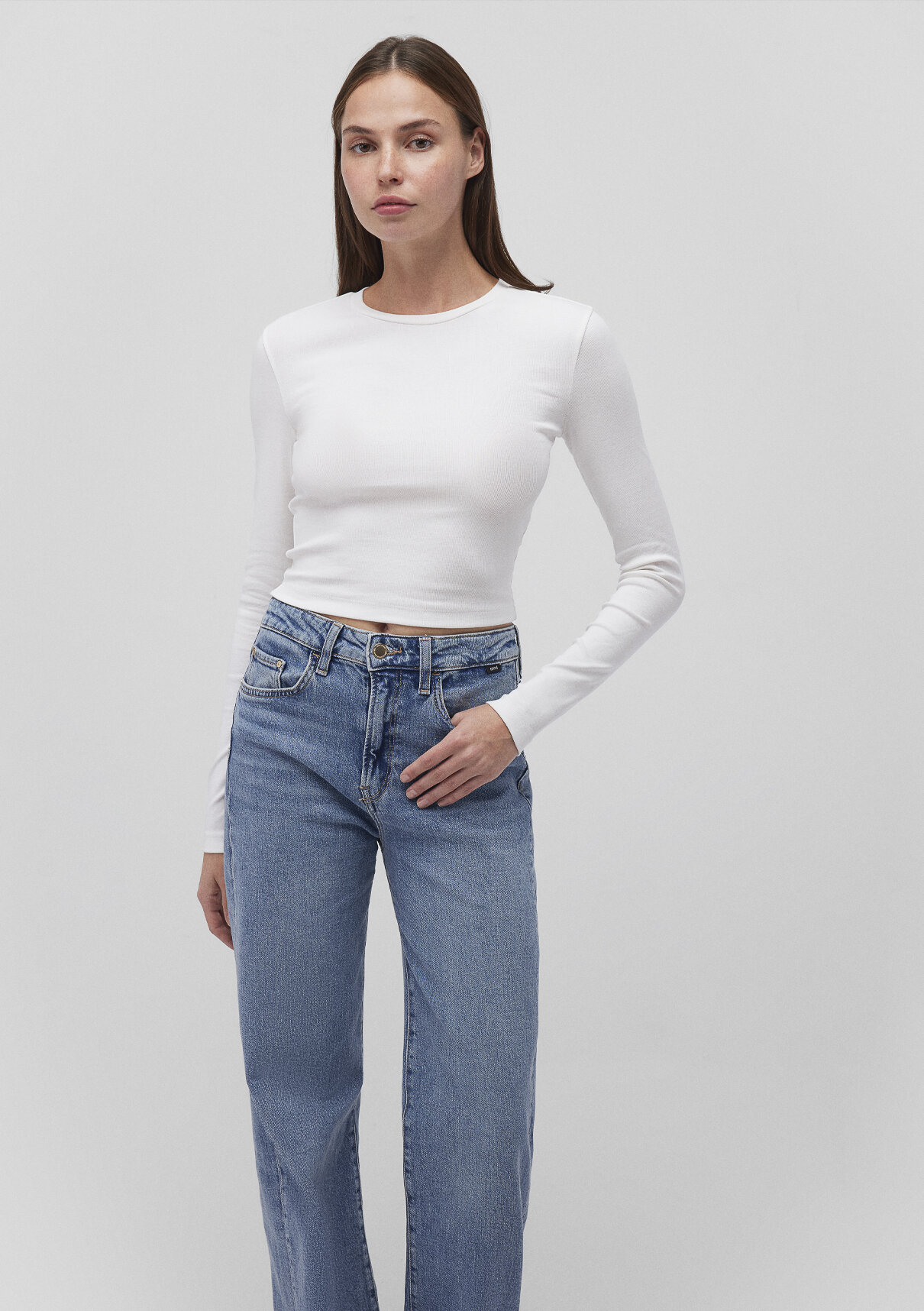 Mavi 2li Uzun Kollu Crop Basic Tişört görsel 2