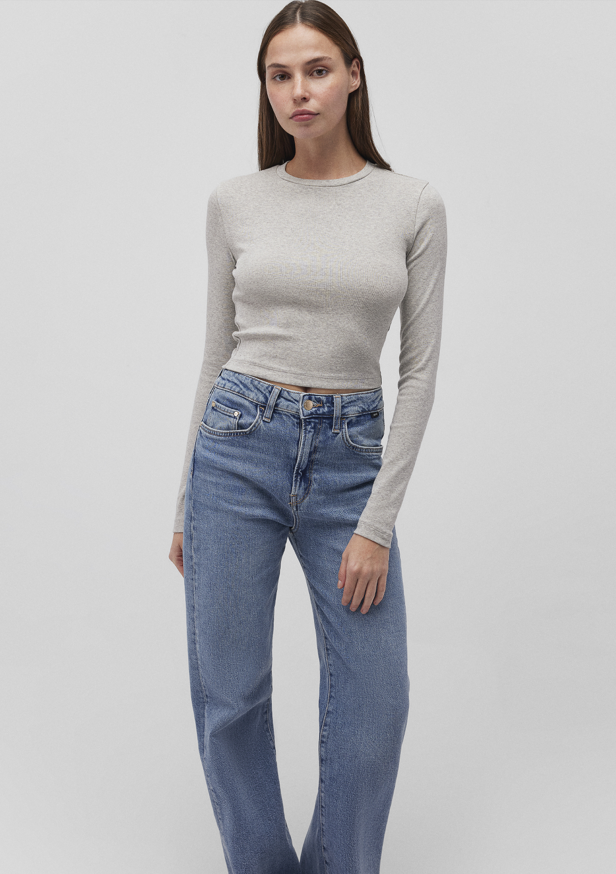 Mavi 2li Uzun Kollu Crop Basic Tişört görsel 3