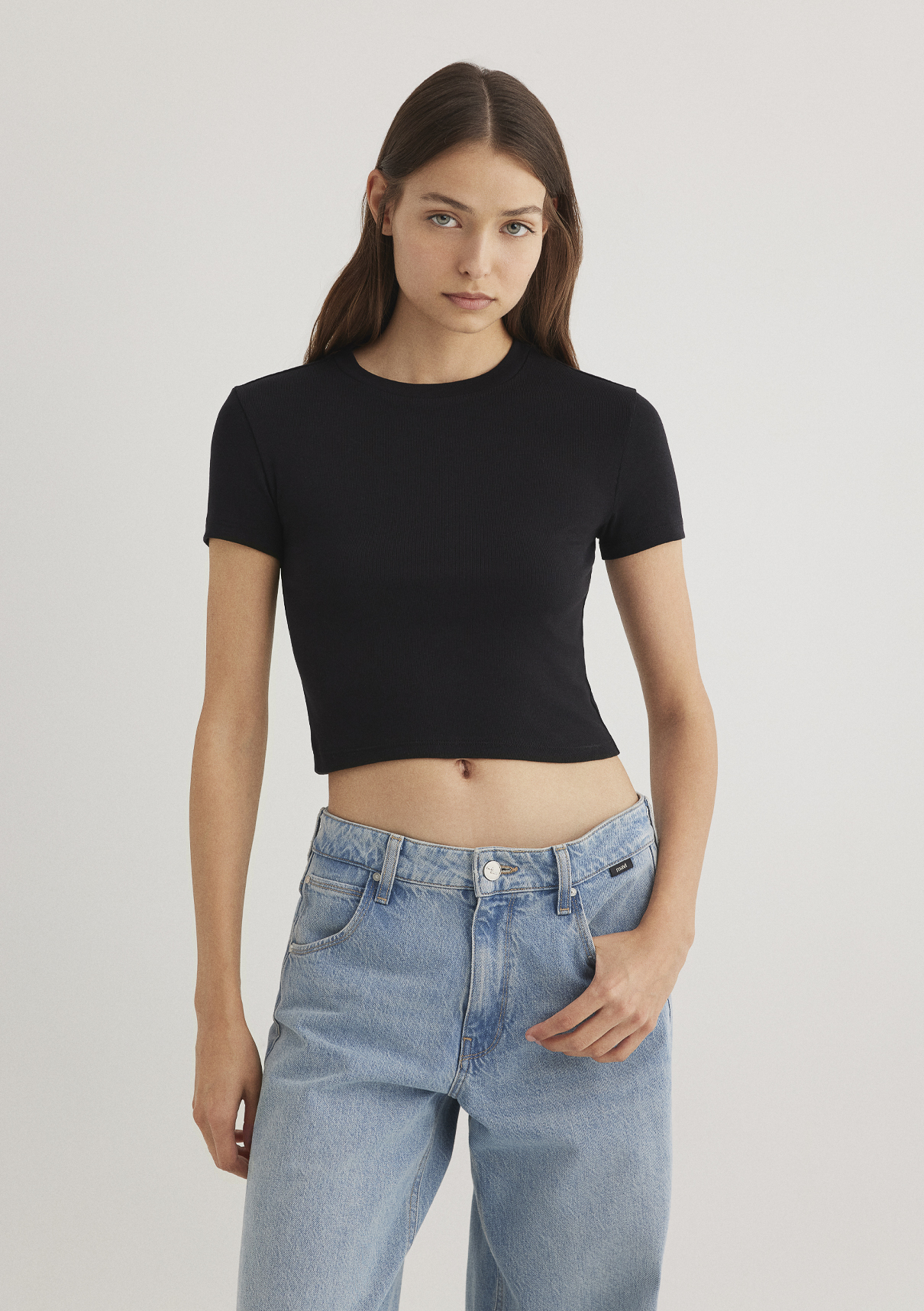 Mavi 2li Kadın Crop Basic Tişört görsel 2