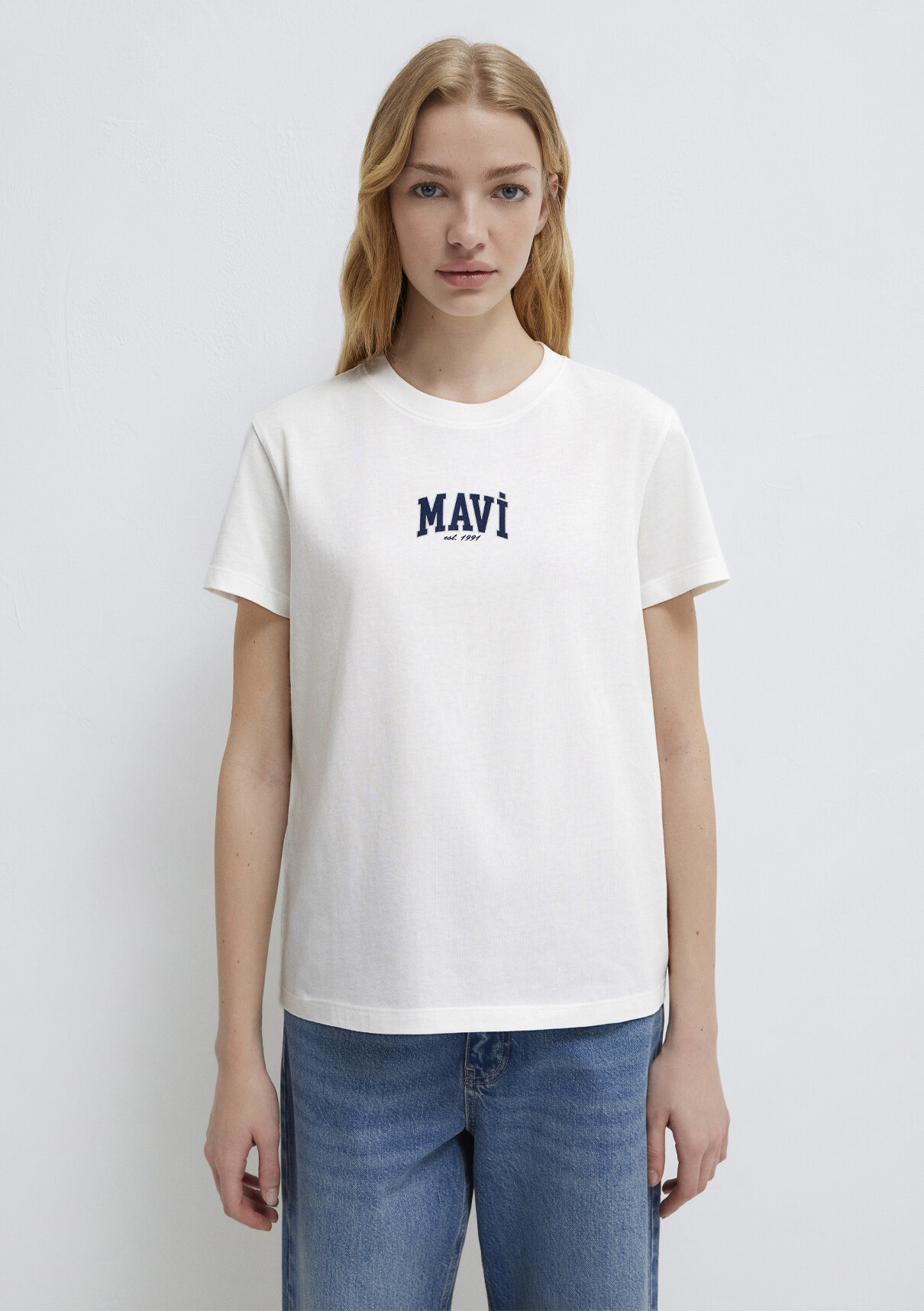 Mavi Logo Baskılı Ekru Tişört görsel 3