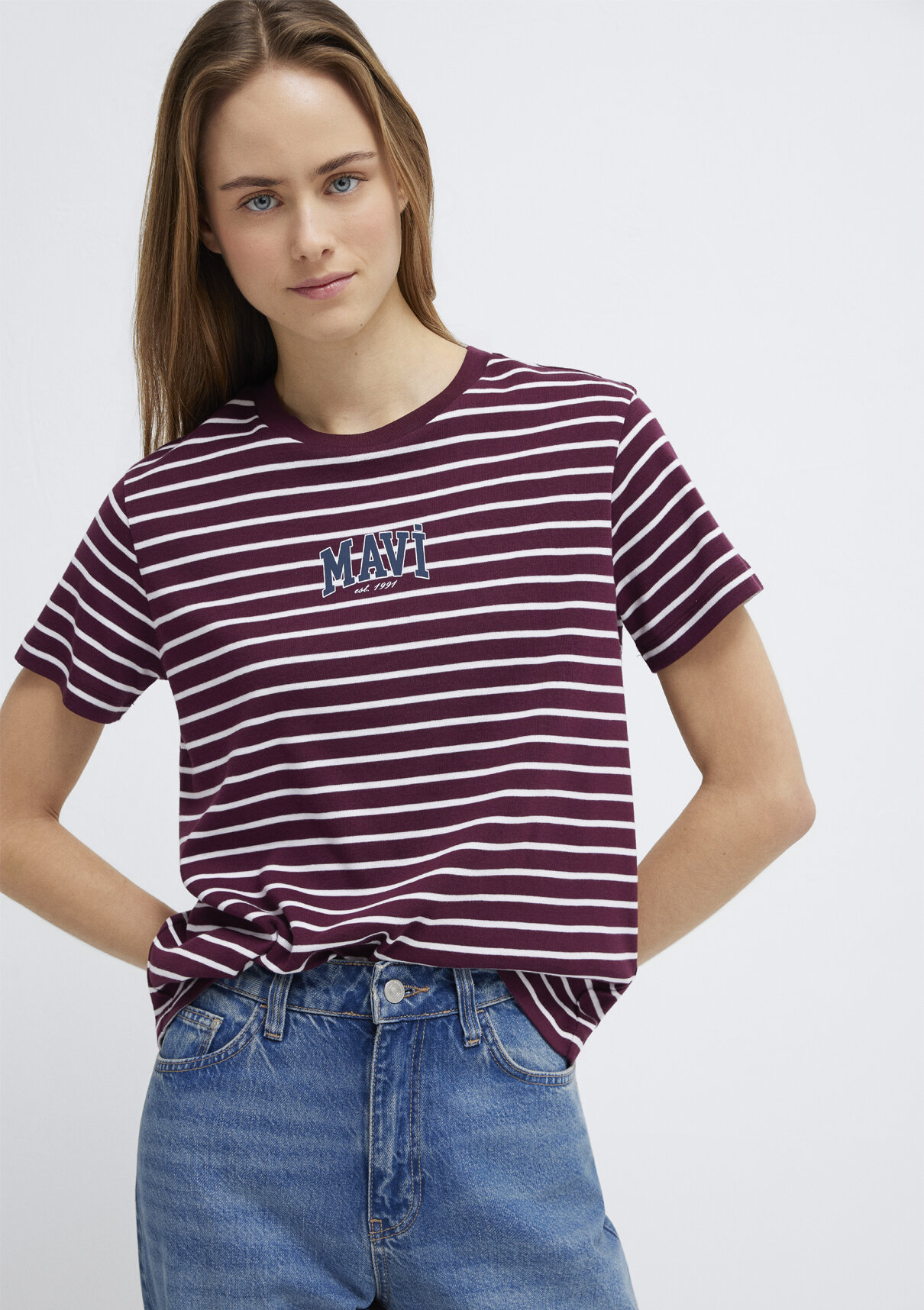 Mavi Logo Baskılı Bordo Tişört görsel 3