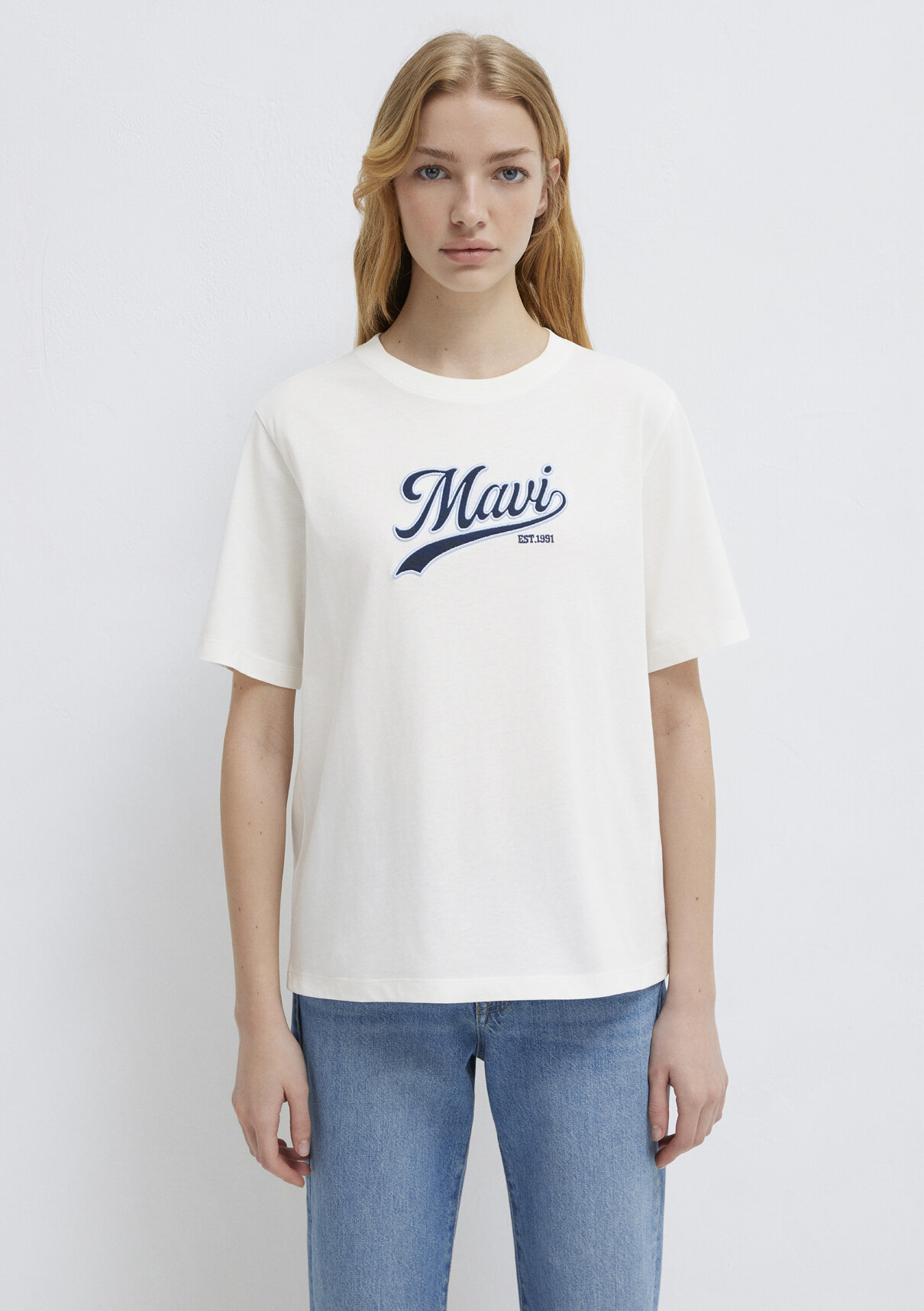 Mavi Logo Baskılı Ekru Tişört görsel 3