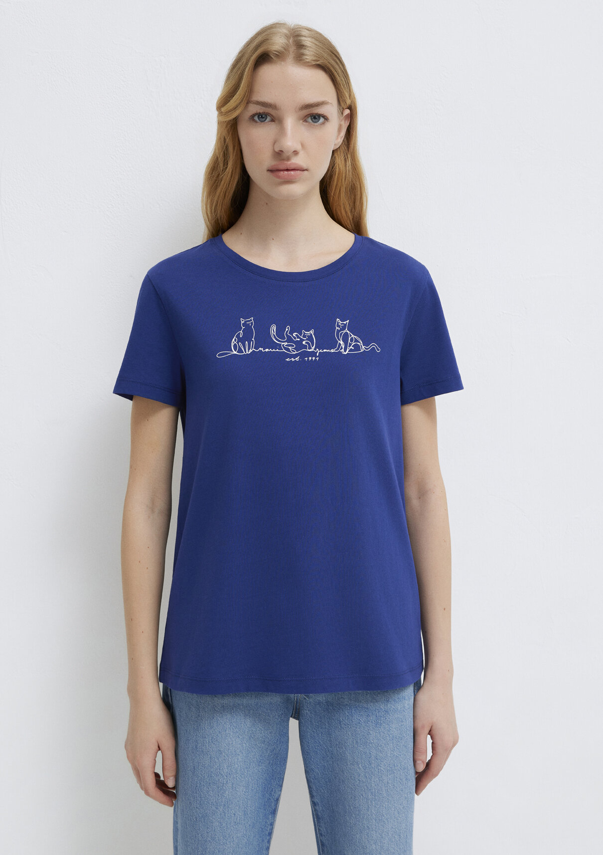 Mavi Kedi Baskılı Lacivert Tişört görsel 3