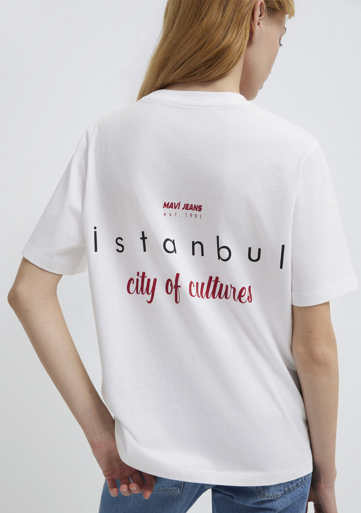 Mavi İstanbul Baskılı Beyaz Tişört