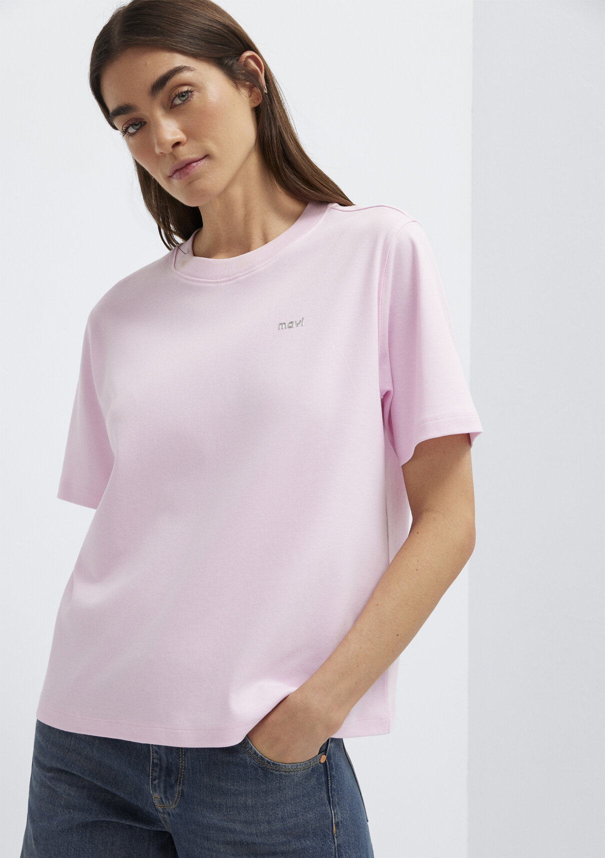 Mavi Logo Baskılı Pembe Tişört