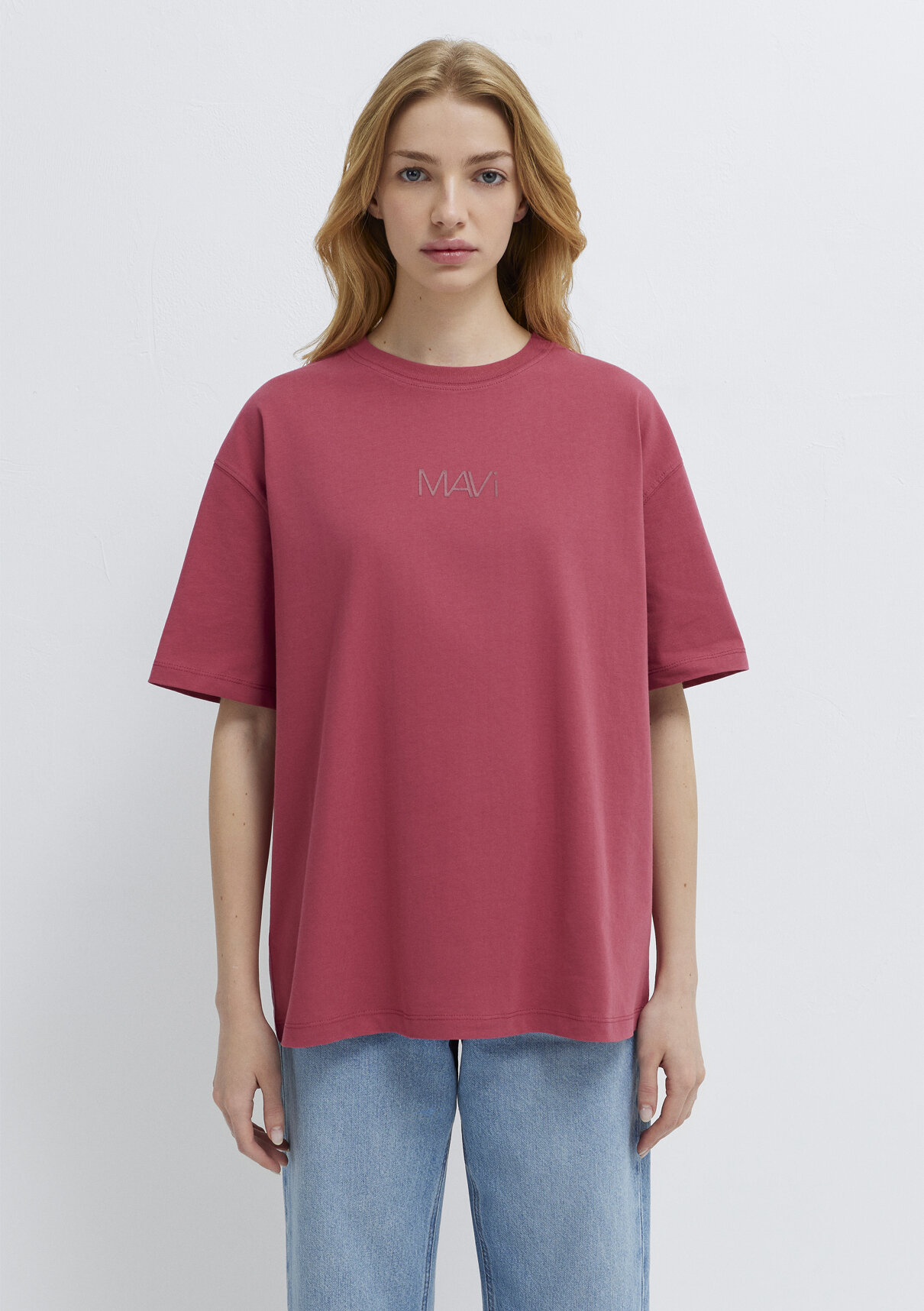 Mavi Logo Baskılı Pembe Tişört görsel 3