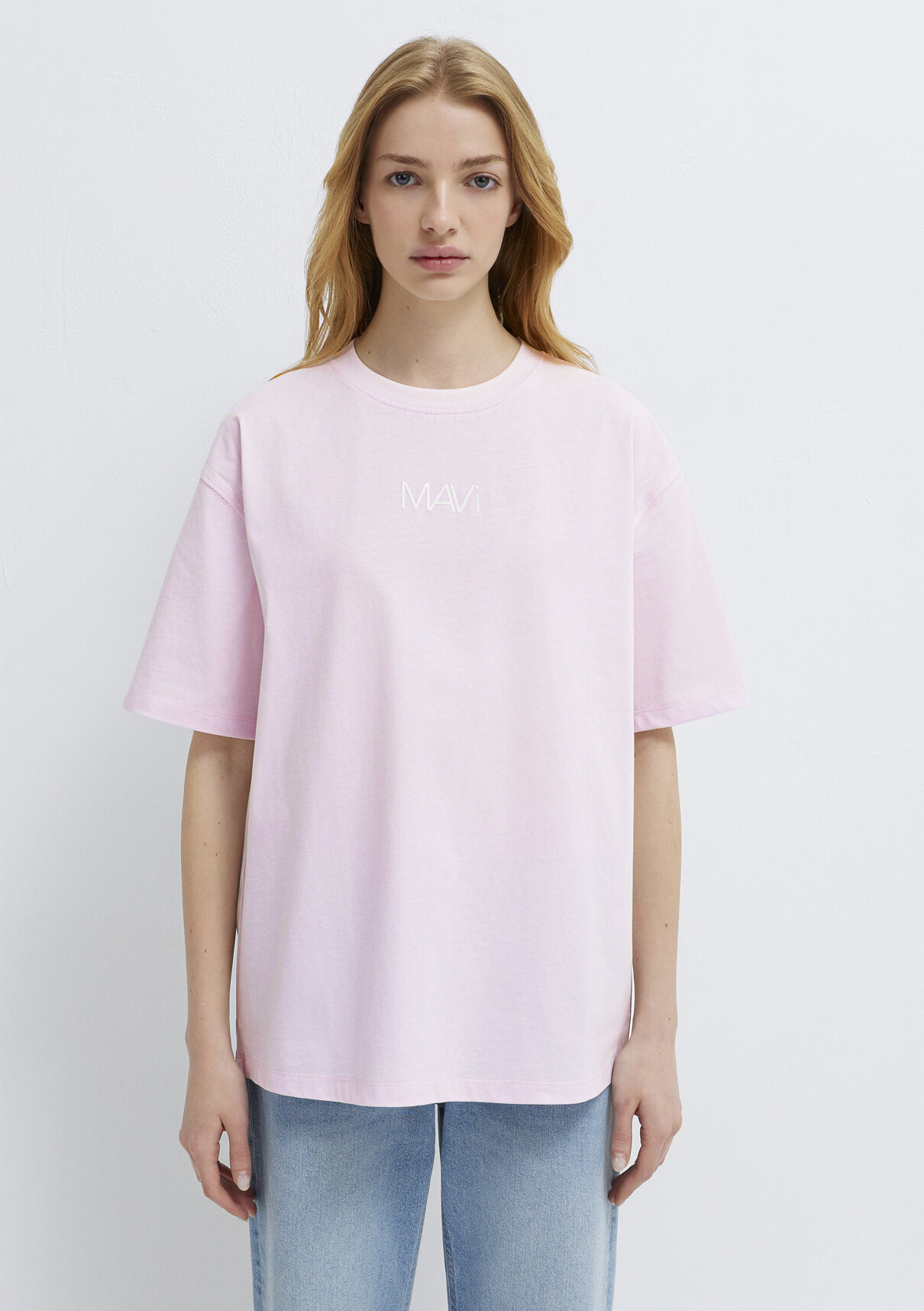 Mavi Logo Baskılı Pembe Tişört görsel 3