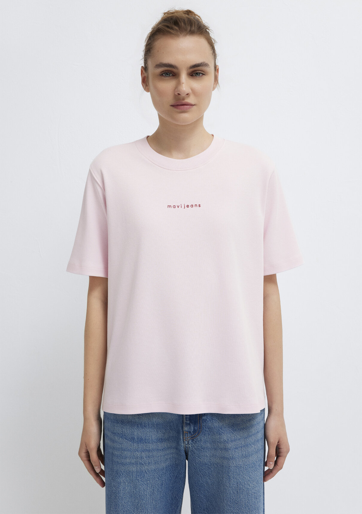 Mavi Logo Baskılı Pembe Tişört görsel 3