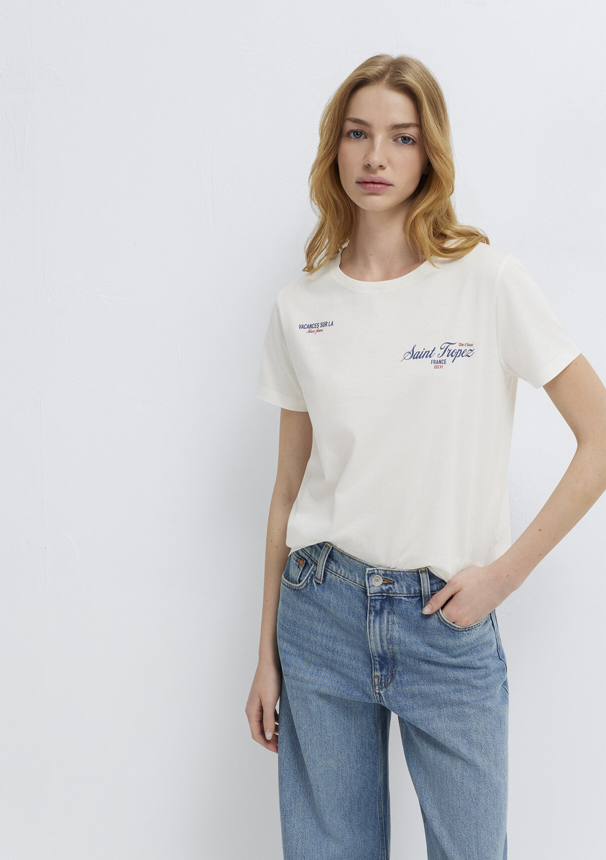 Mavi Saint Tropez Baskılı Ekru Tişört