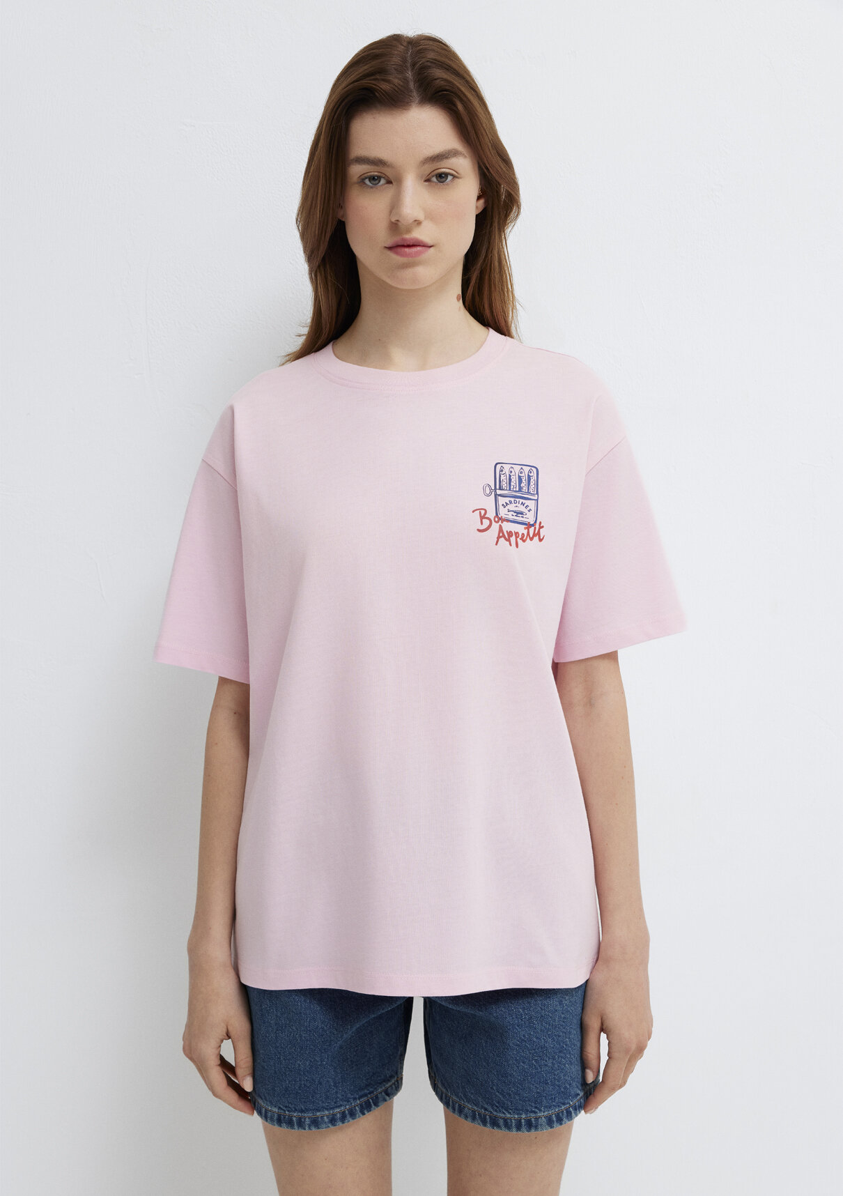 Mavi Baskılı Pembe Tişört görsel 4