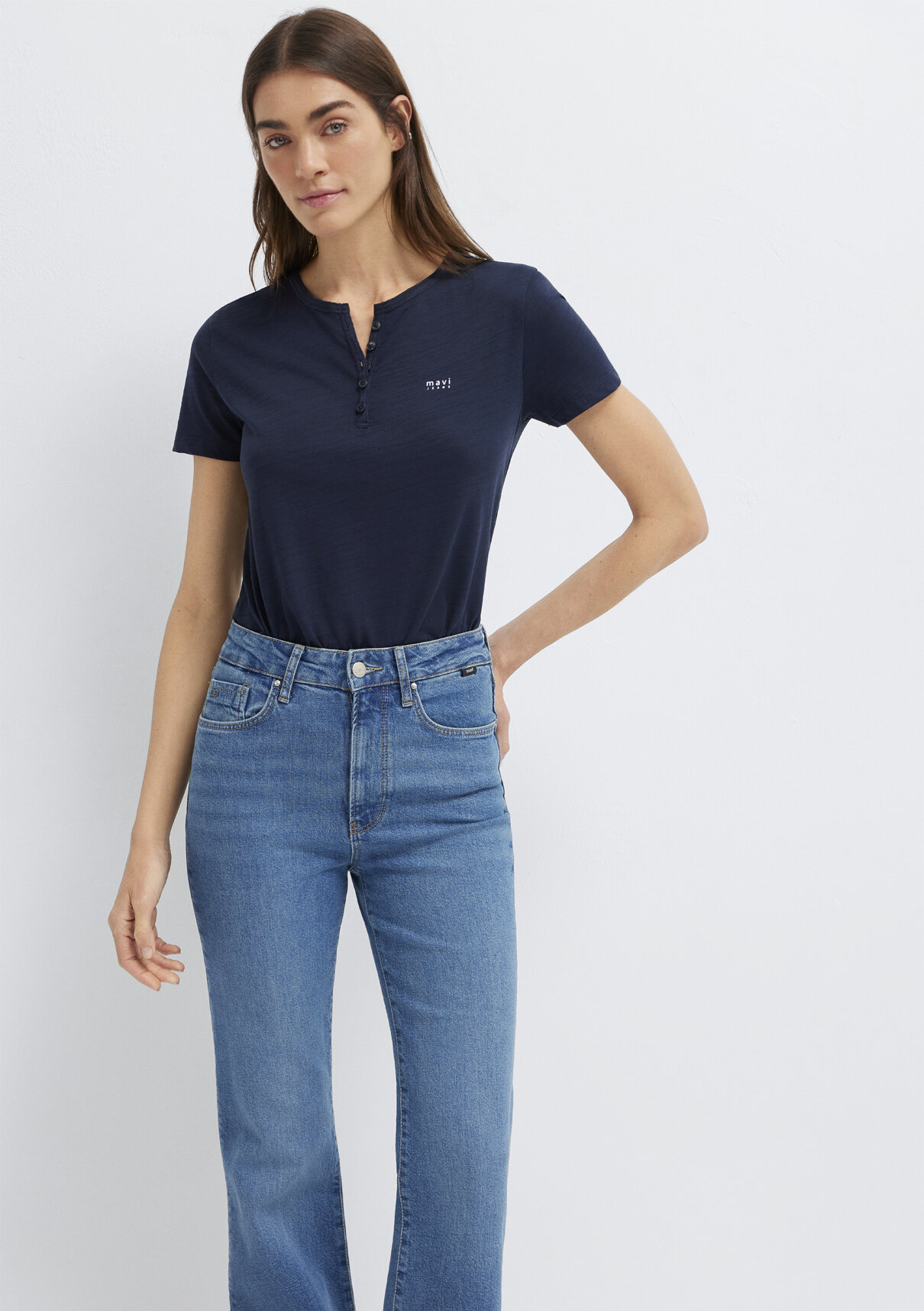 Mavi Yarı Düğmeli Mavi Jeans Lacivert Tişört