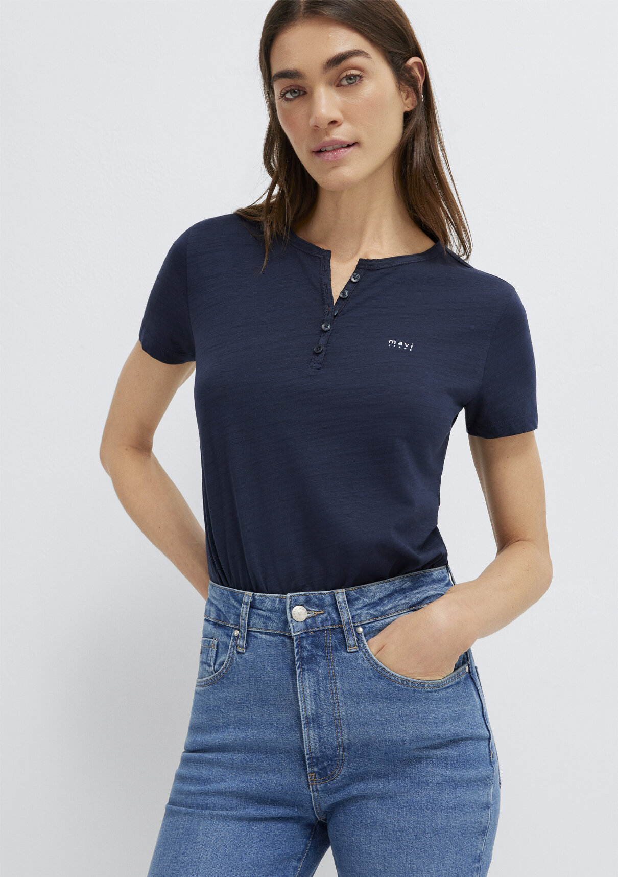 Mavi Yarı Düğmeli Mavi Jeans Lacivert Tişört görsel 2