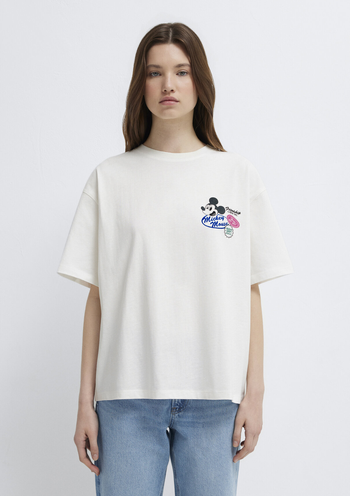 Mavi Mickey Mouse Baskılı Ekru Tişört görsel 3