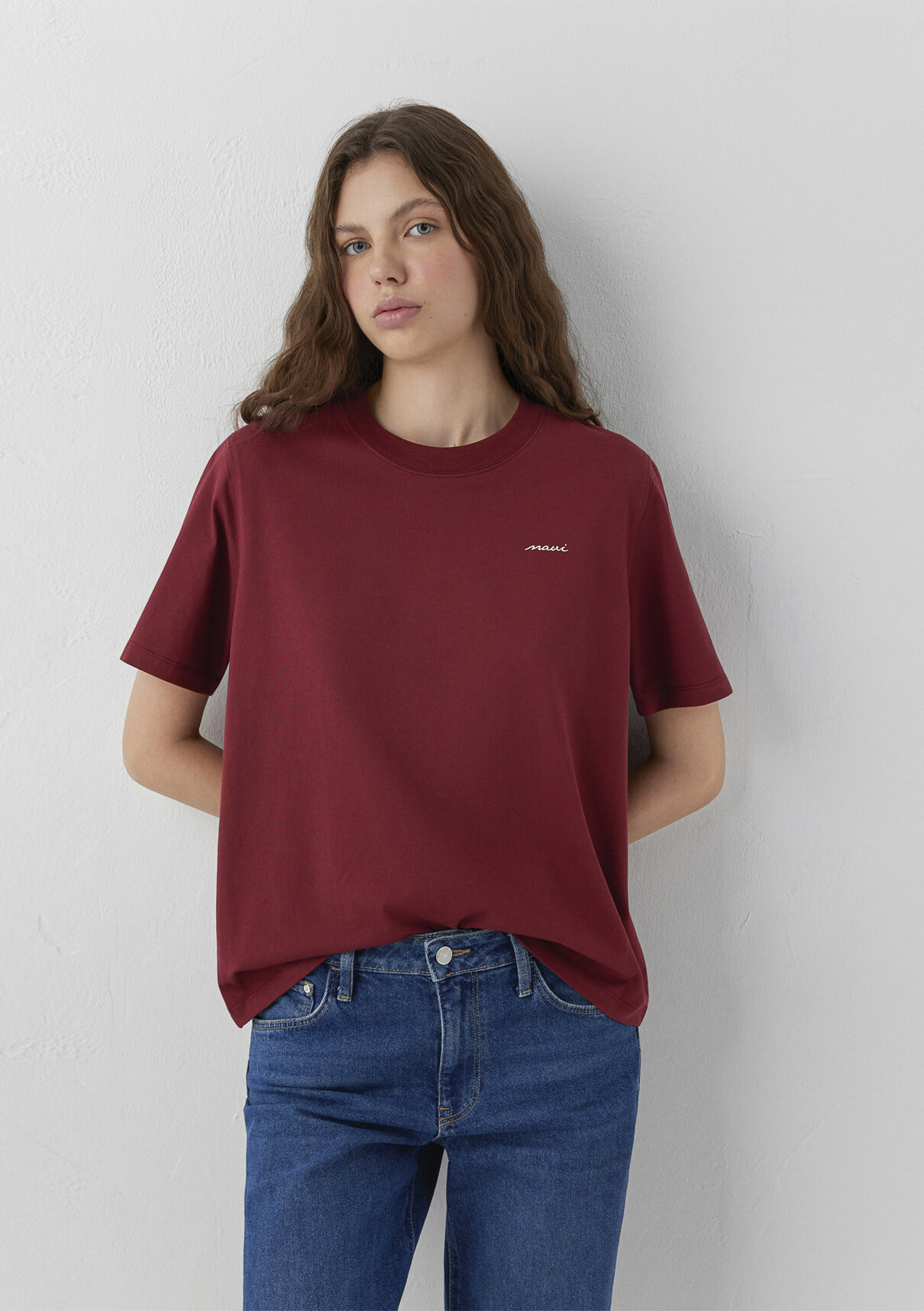 Mavi Logo Baskılı Bordo Tişört